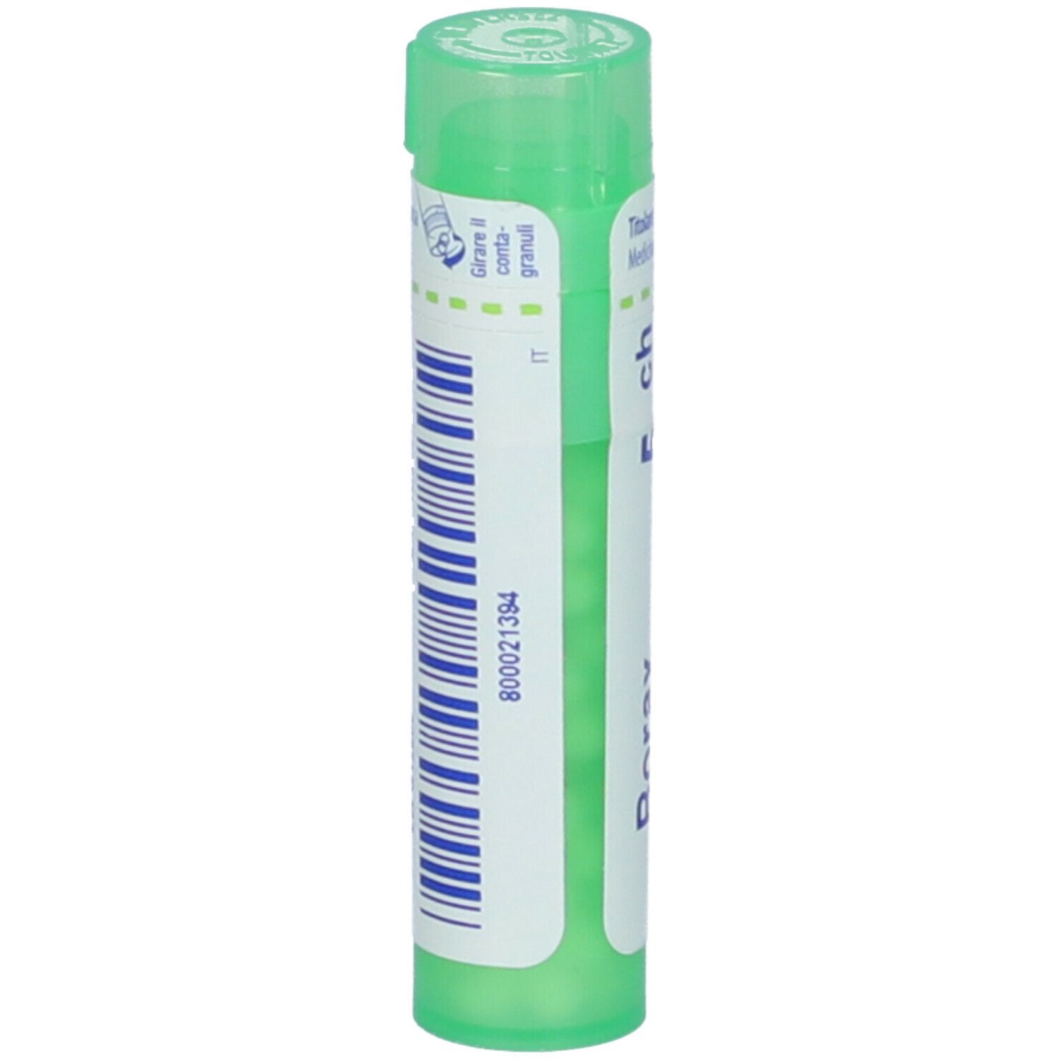 Tubo verde con etichetta bianca. Scritta Borax 5 ch. Codice a barre e numero di lotto. Coperchio verde. Vista verticale.