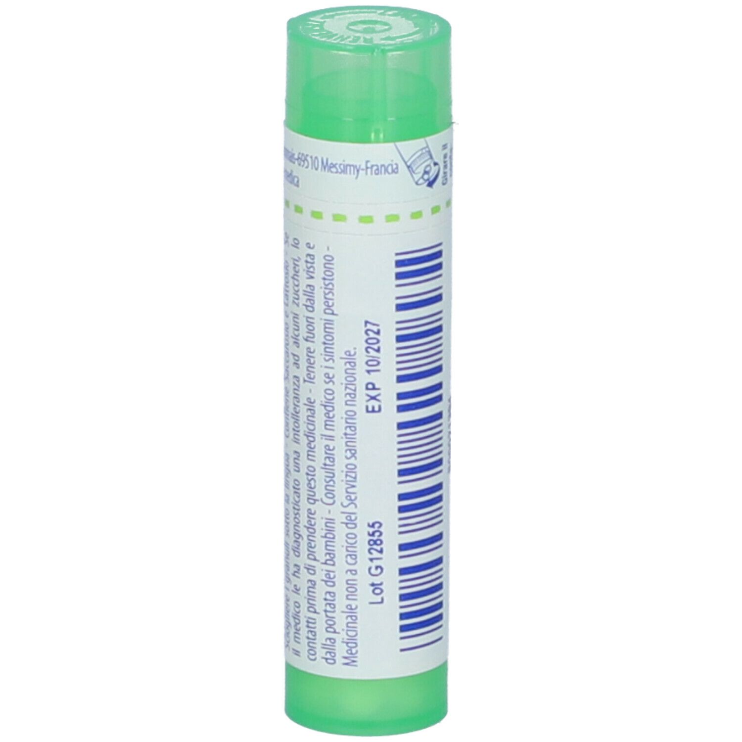 Tubo verde con etichetta bianca. Scritta Borax 5 ch. Scadenza: 10/2027. Coperchio verde. Vista verticale.