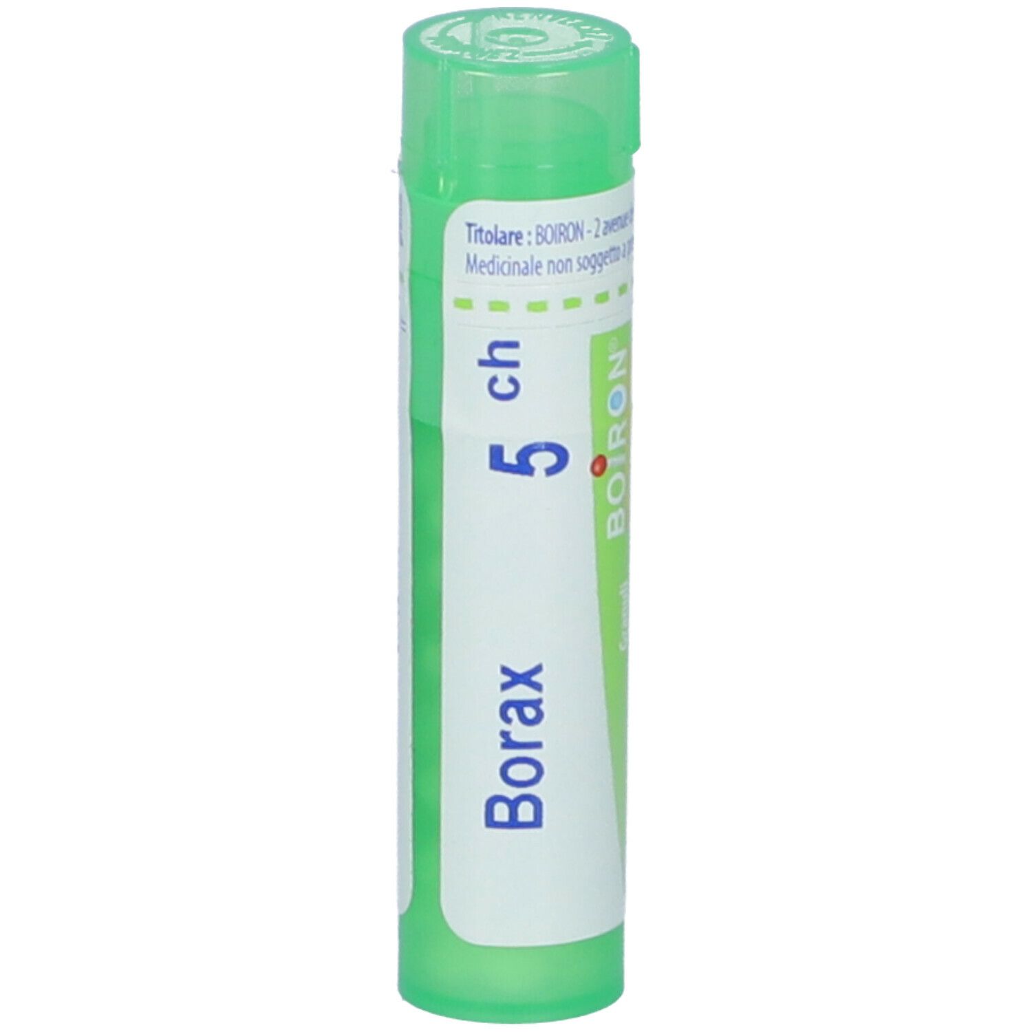 Tubo verde con etichetta bianca. Scritta Borax 5 ch. Logo BOIRON. Coperchio verde. Vista verticale.
