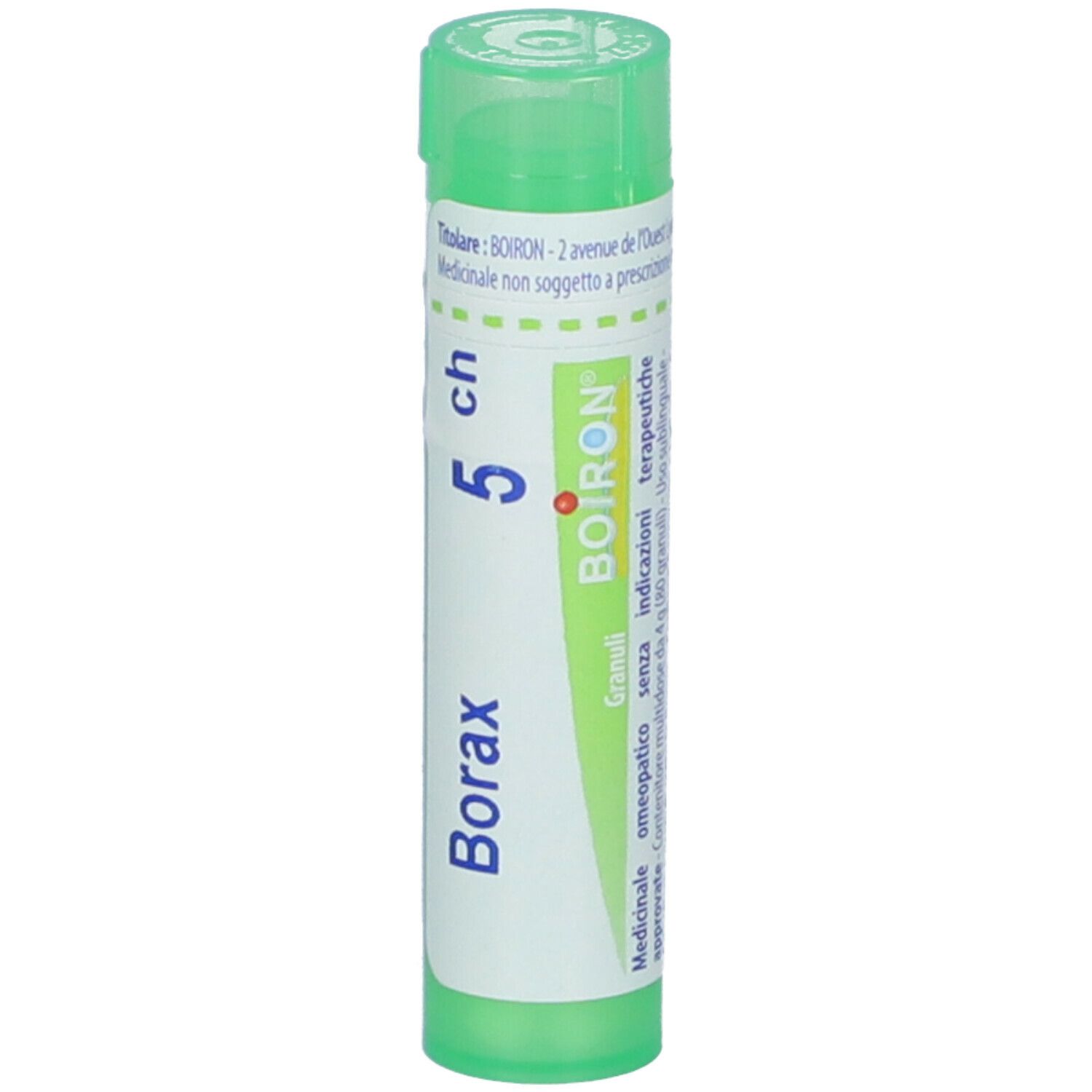 Tubo verde con etichetta bianca. Scritta Borax 5 ch. Logo BOIRON. Coperchio verde. Vista verticale.