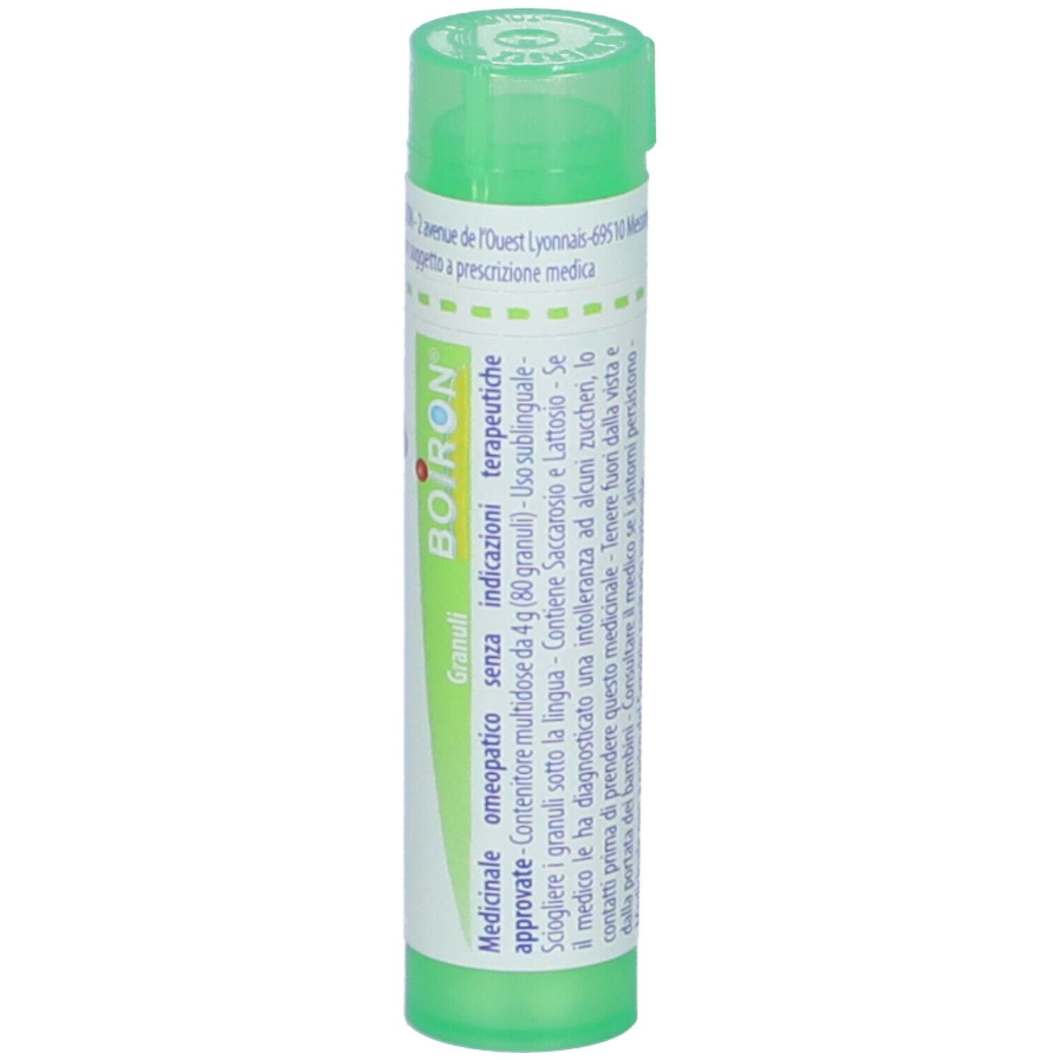 Tubo verde con etichetta bianca. Scritta Borax 5 ch. Logo BOIRON. Informazioni aggiuntive. Coperchio verde.