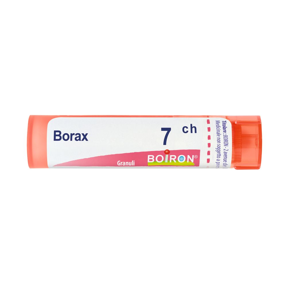 Confezione cilindrica di Borax 7 ch Granuli. Marchio BOIRON. Etichetta rosa e bianca.