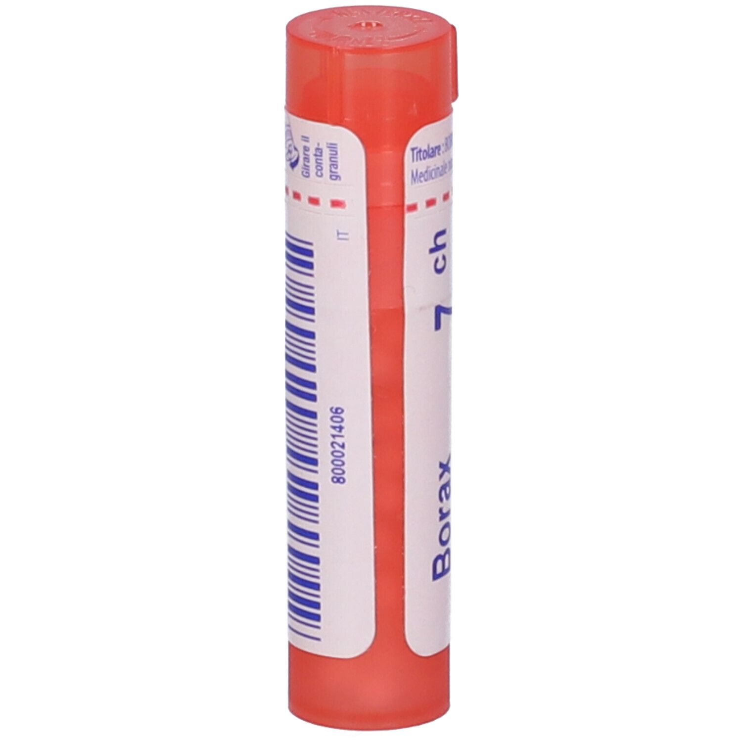 Confezione cilindrica di Borax 7 ch Granuli. Tappo rosso. Etichetta con codice a barre e testo.