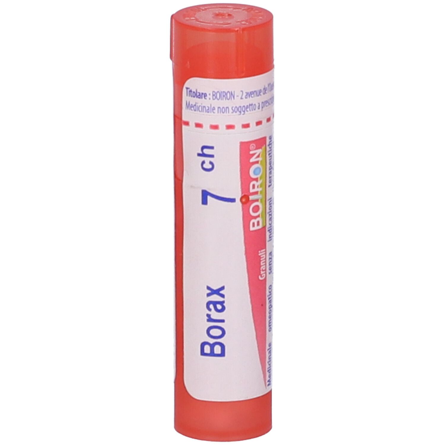Confezione cilindrica di Borax 7 ch Granuli. Tappo rosso. Etichetta con testo e marchio BOIRON.