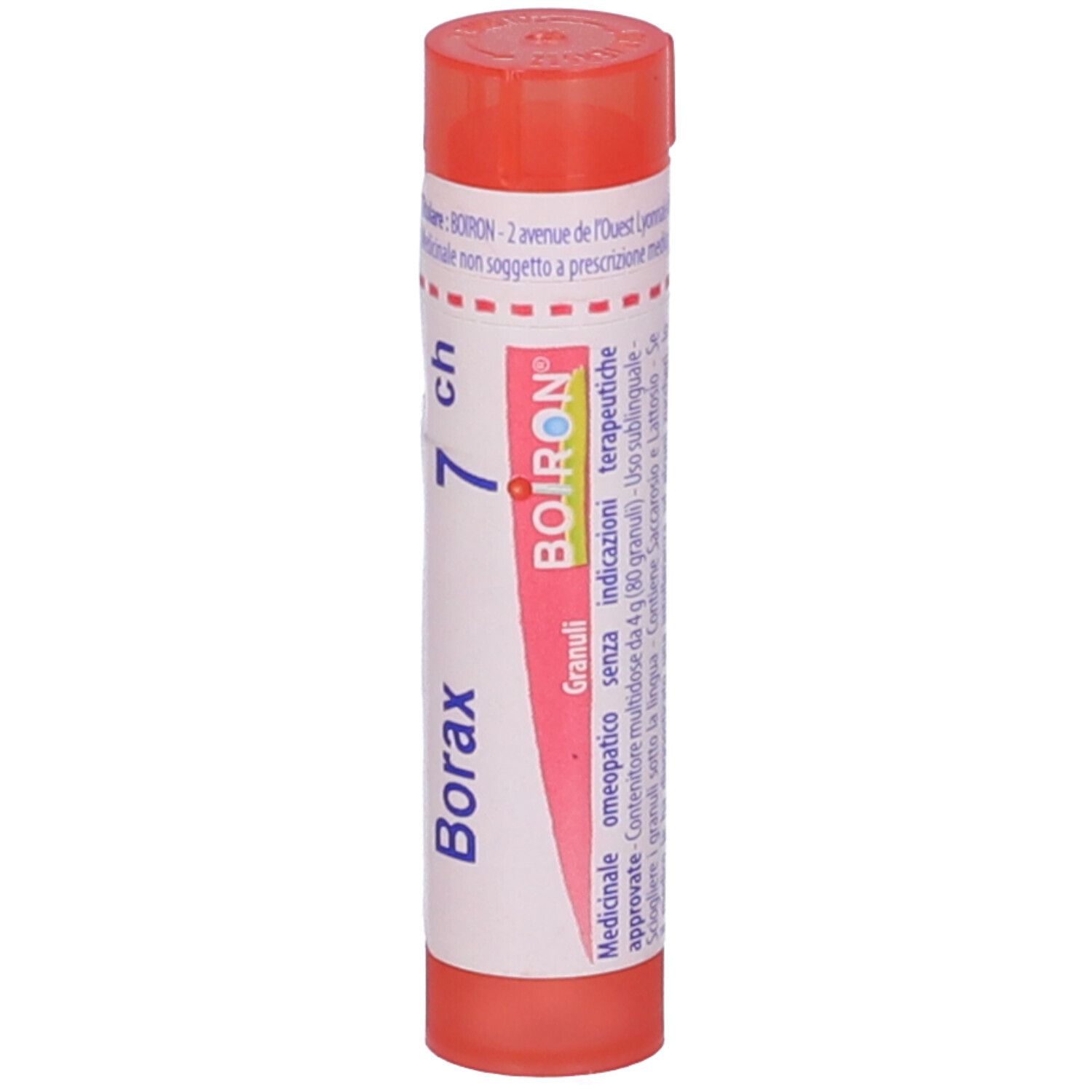 Confezione cilindrica di Borax 7 ch Granuli. Tappo rosso. Etichetta con testo e marchio BOIRON.