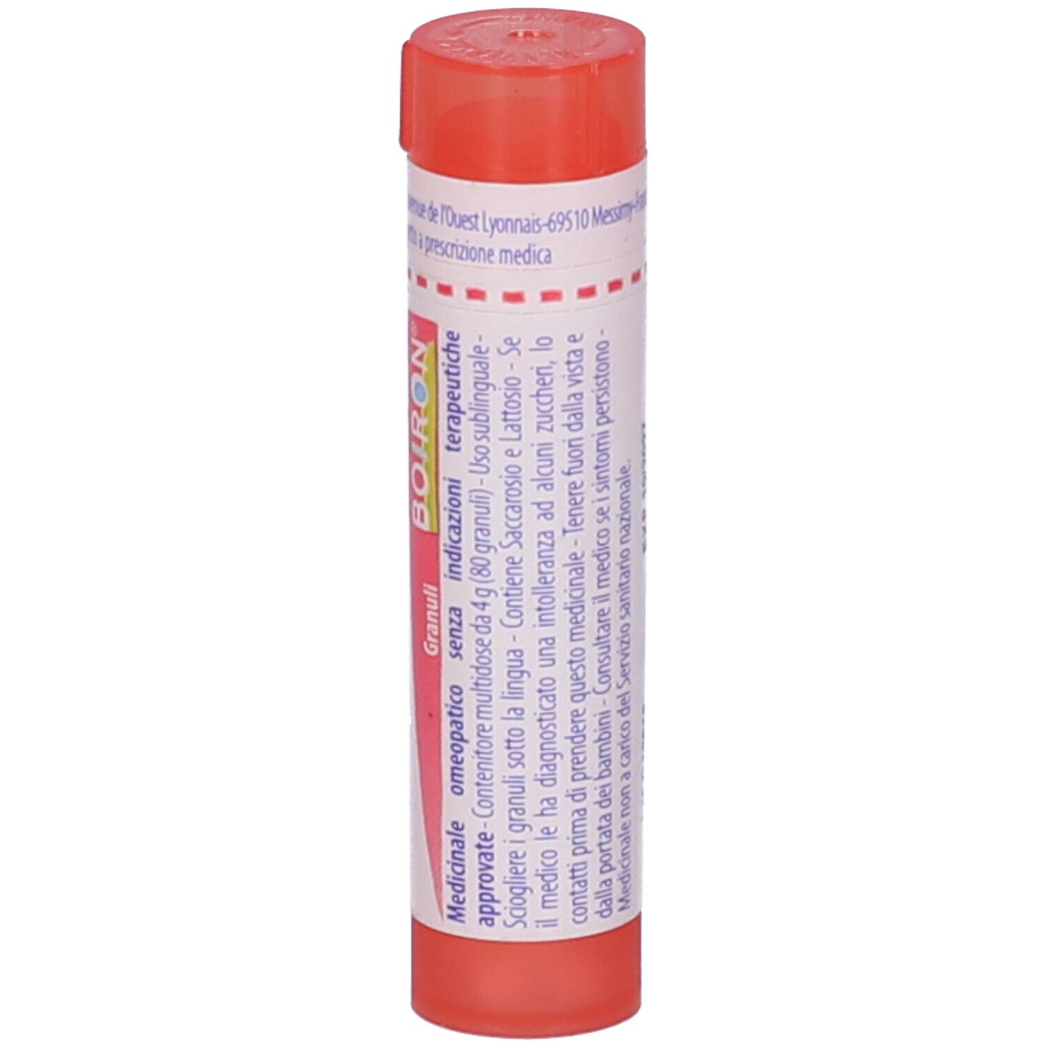 Confezione cilindrica di Borax 7 ch Granuli. Tappo rosso. Etichetta con testo e marchio BOIRON.