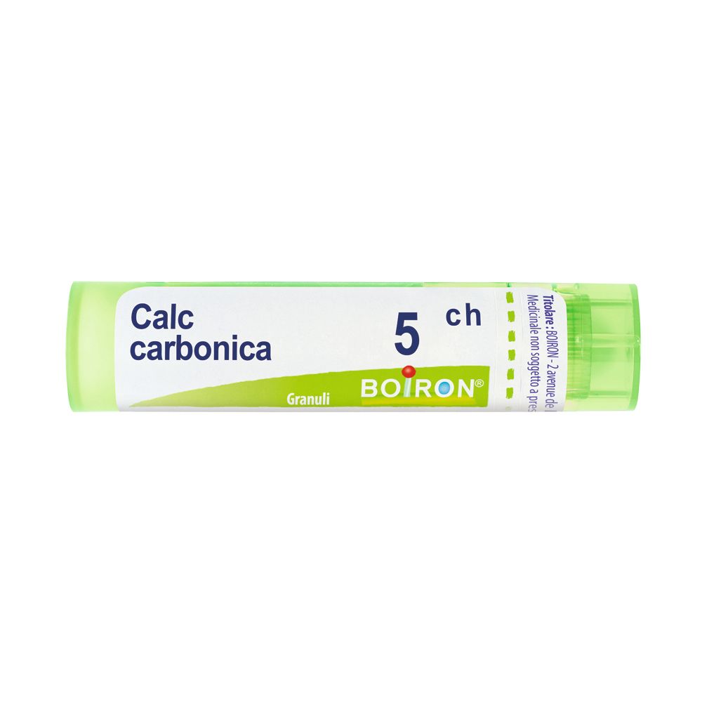 Tubo verde con etichetta bianca. Scritta: Calc carbonica, 5 ch, BOIRON, Granuli.