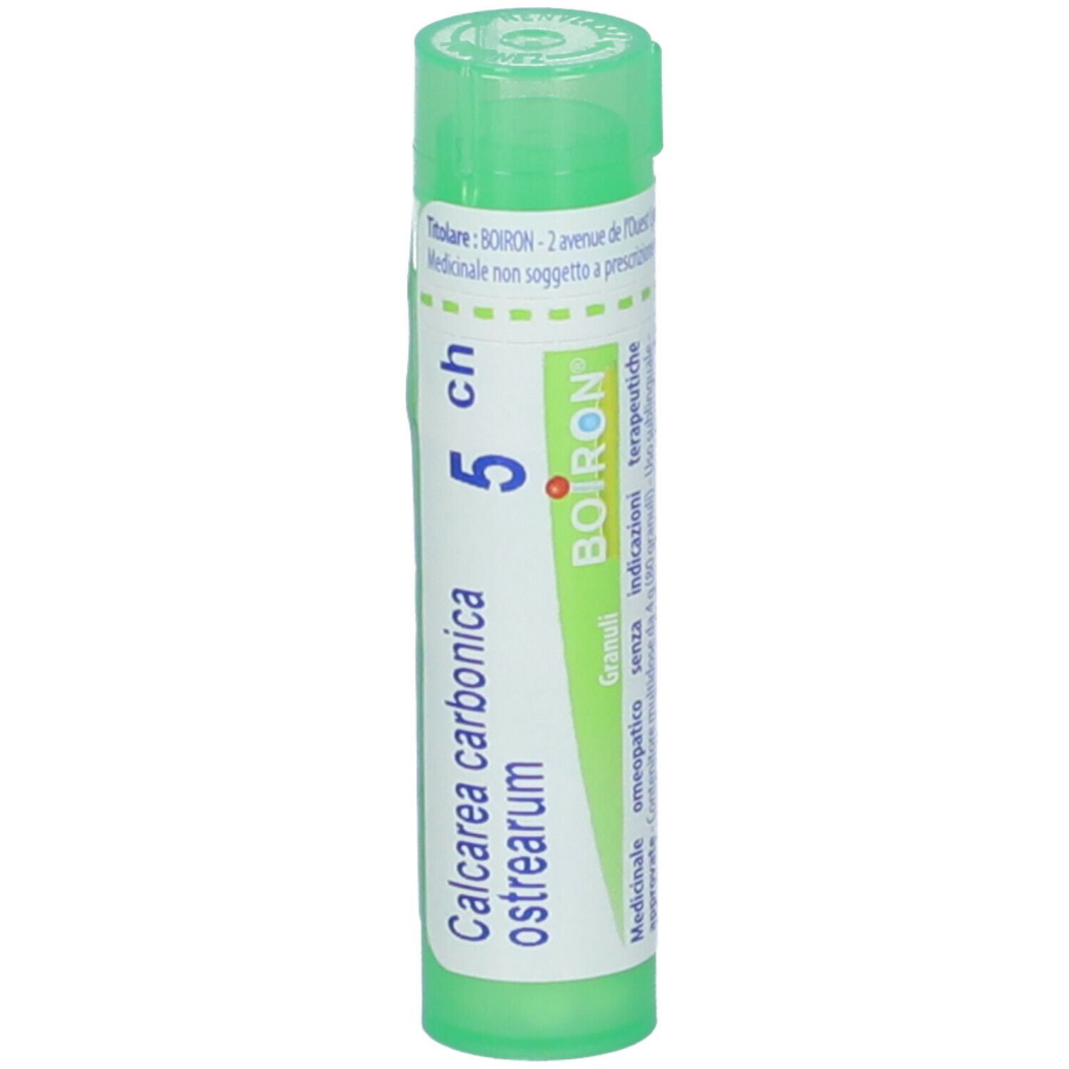 Tubo verde con etichetta bianca. Scritta: Calcarea carbonica ostrearum, 5 ch, BOIRON.