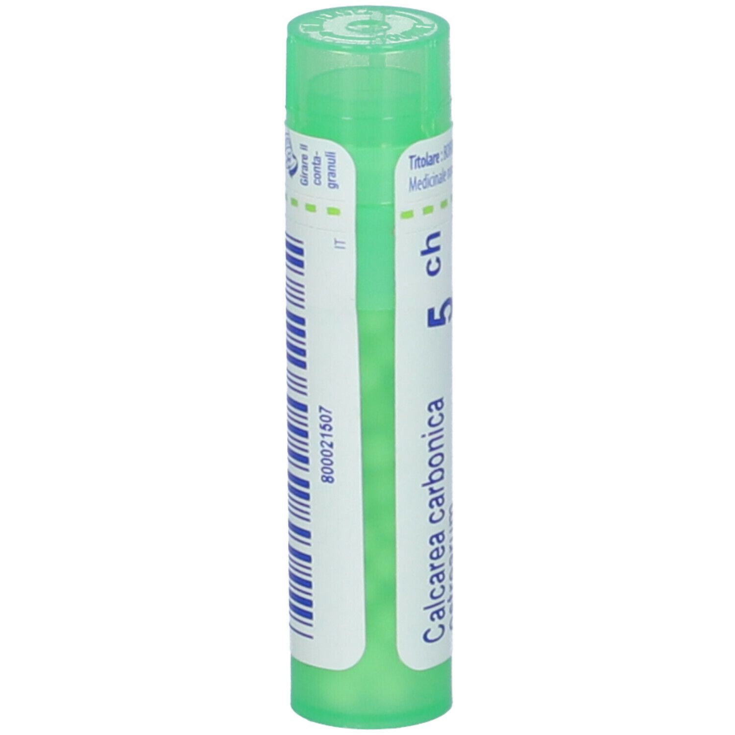 Tubo verde con etichetta bianca. Scritta: Calcarea carbonica ostrearum, 5 ch. Codice a barre.
