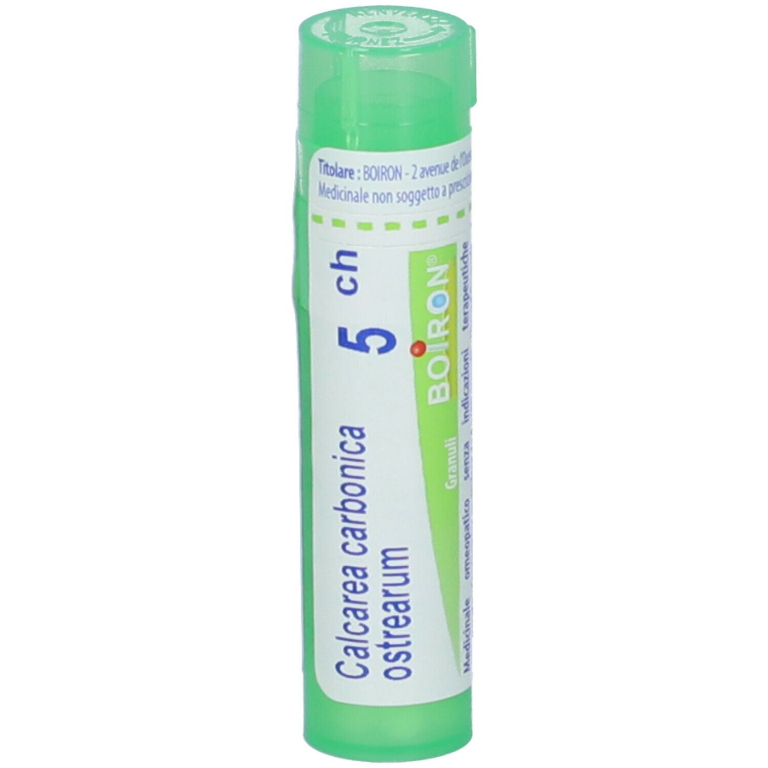Tubo verde con etichetta bianca. Scritta: Calcarea carbonica ostrearum, 5 ch, BOIRON.