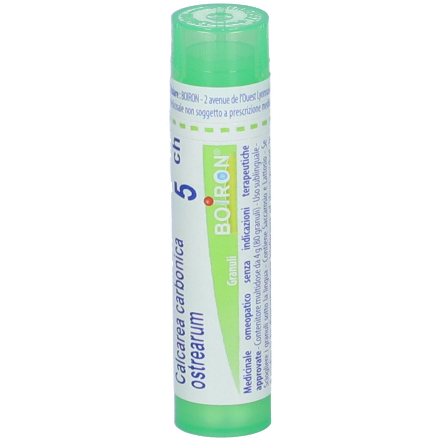 Tubo verde con etichetta bianca. Scritta: Calcarea carbonica ostrearum, 5 ch, BOIRON. Omeopatico.