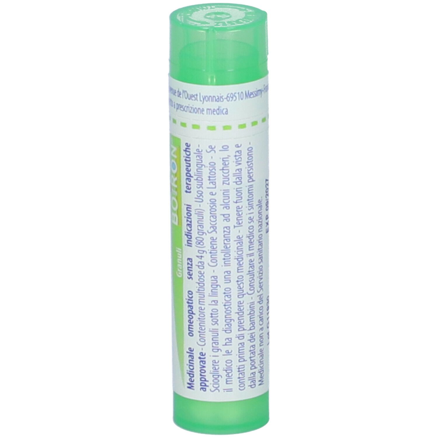 Tubo verde con etichetta bianca. Scritta: Calcarea carbonica ostrearum, 5 ch, BOIRON. Istruzioni per l'uso.