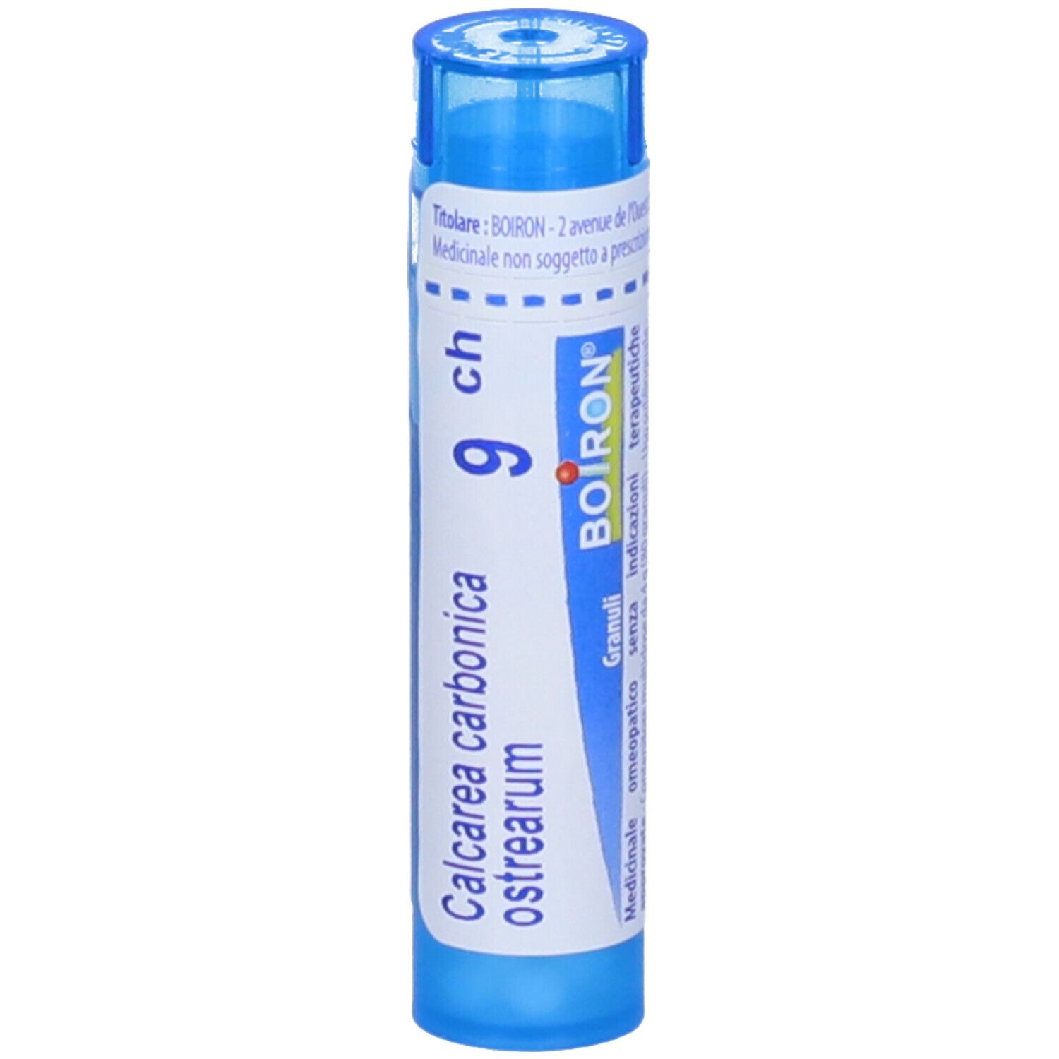 Confezione cilindrica blu. Scritta: Calcarea carbonica ostrearum, 9 ch, BOIRON, Granuli.