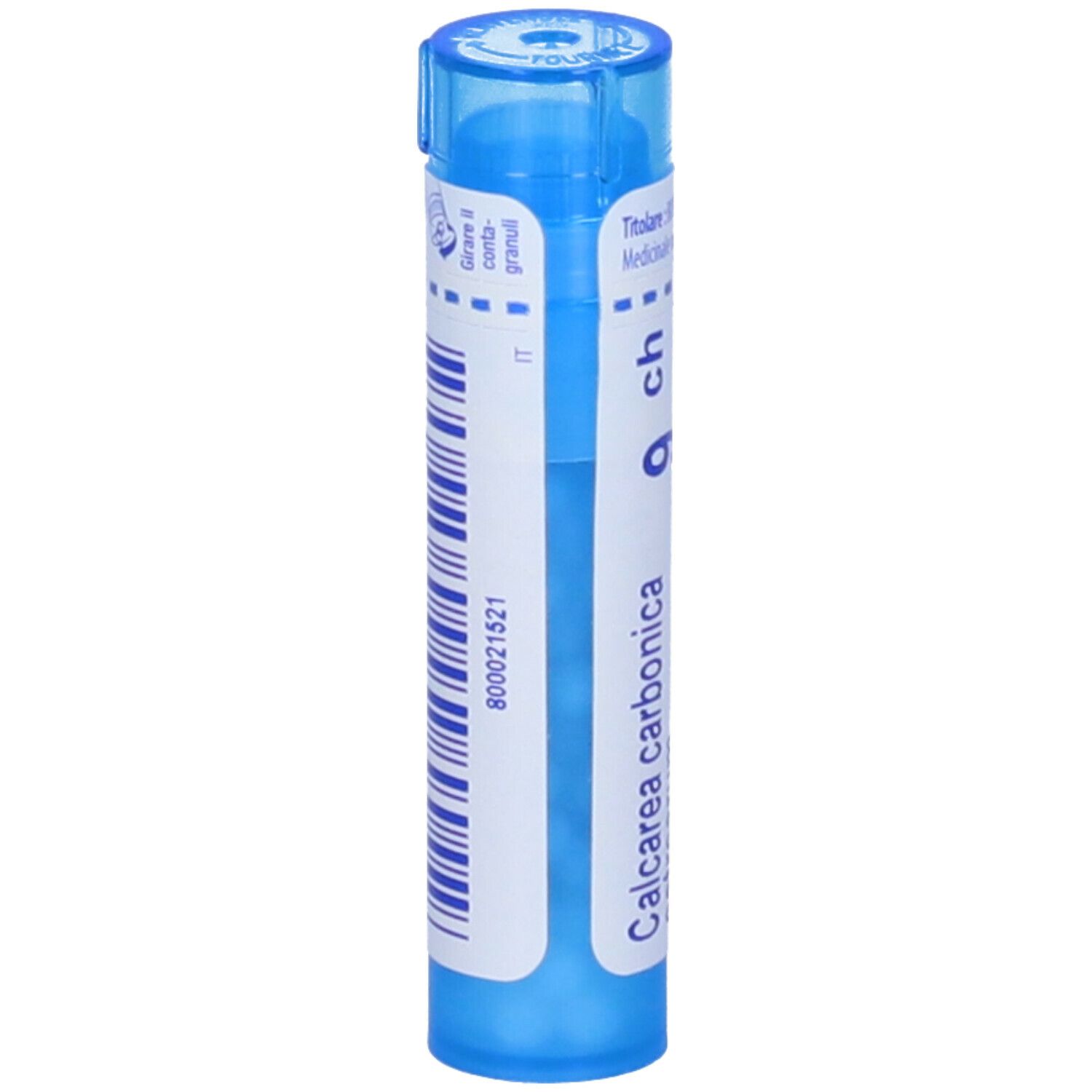 Confezione cilindrica blu. Scritta: Calcarea carbonica, 9 ch. Adesivo con codice a barre e numero.