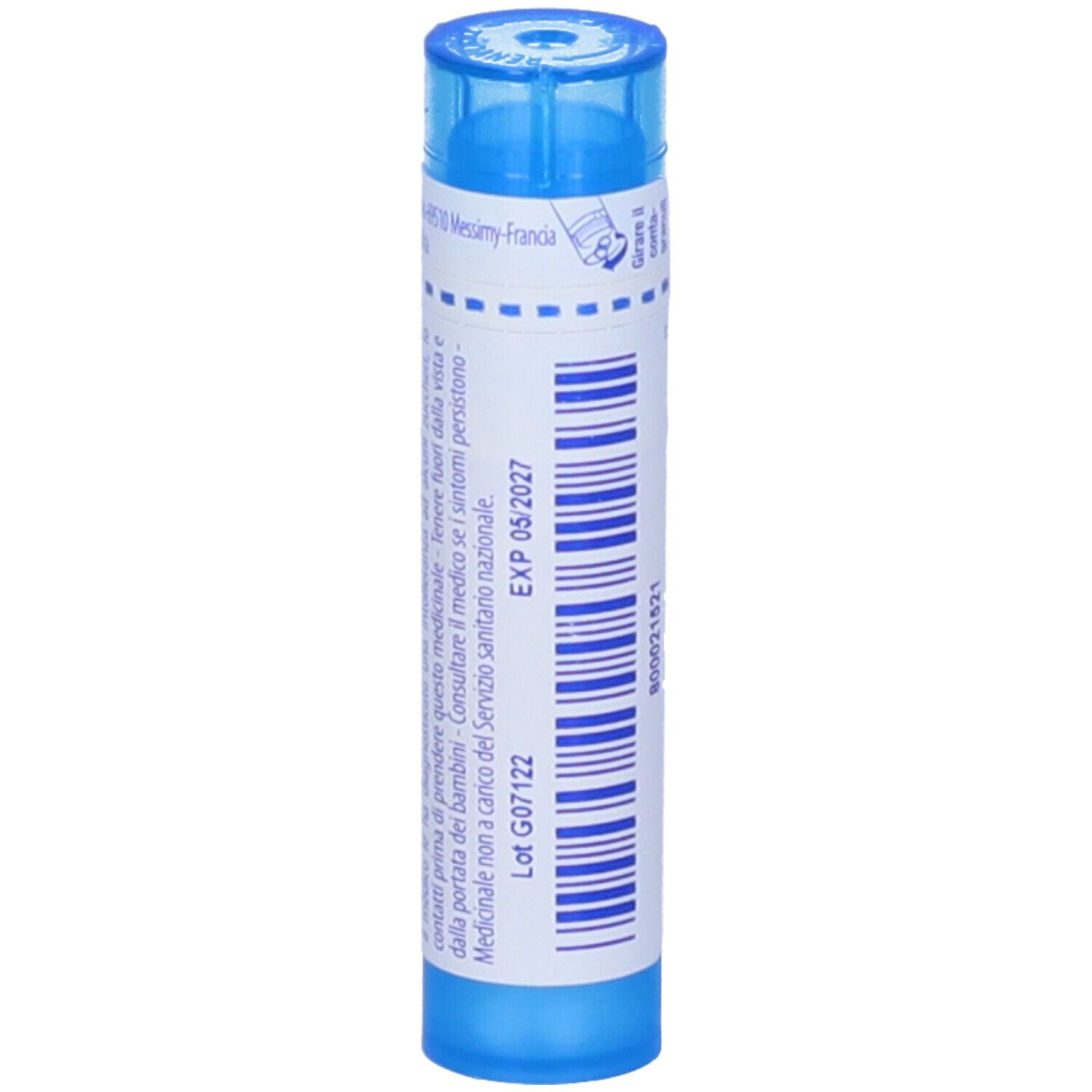 Confezione cilindrica blu. Scritta: Calcarea carbonica, 9 ch. Adesivo con data di scadenza e numero di lotto.
