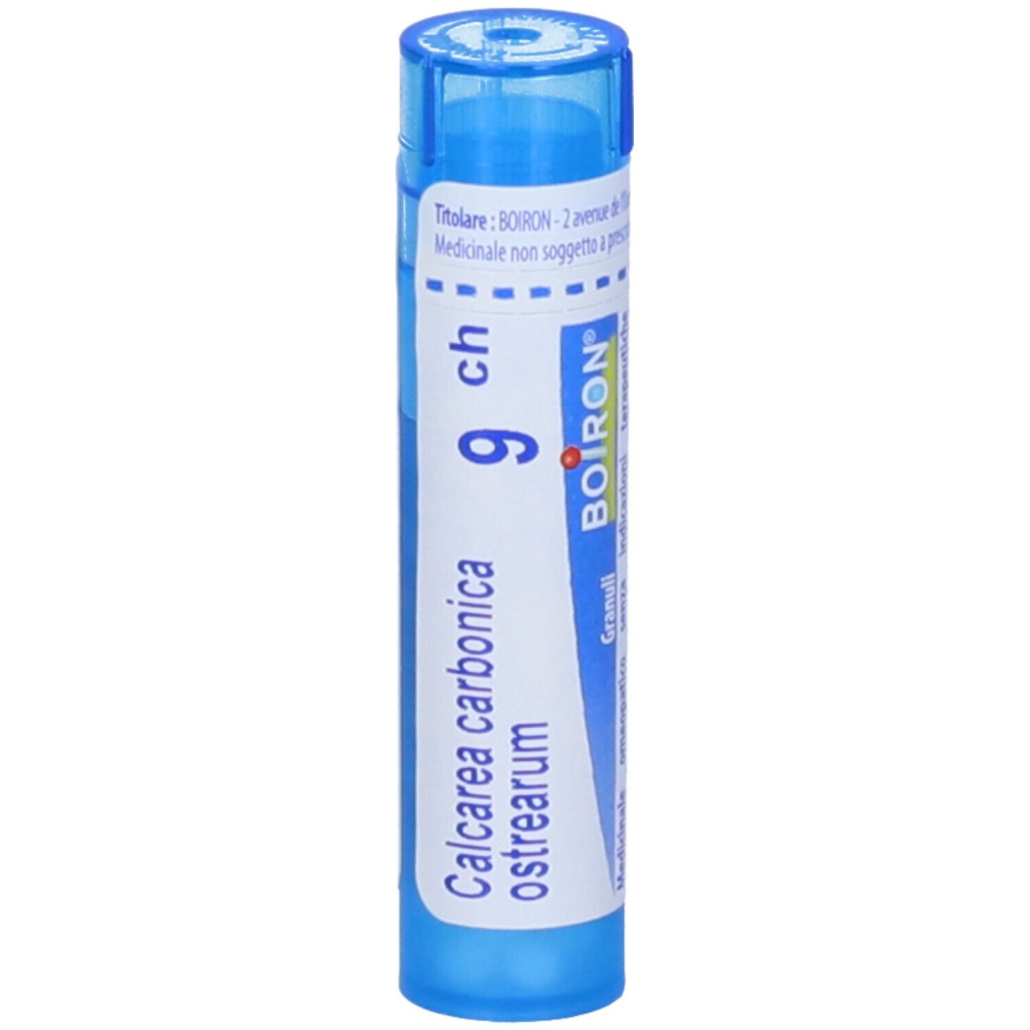 Confezione cilindrica blu. Scritta: Calcarea carbonica ostrearum, 9 ch, BOIRON, Granuli.