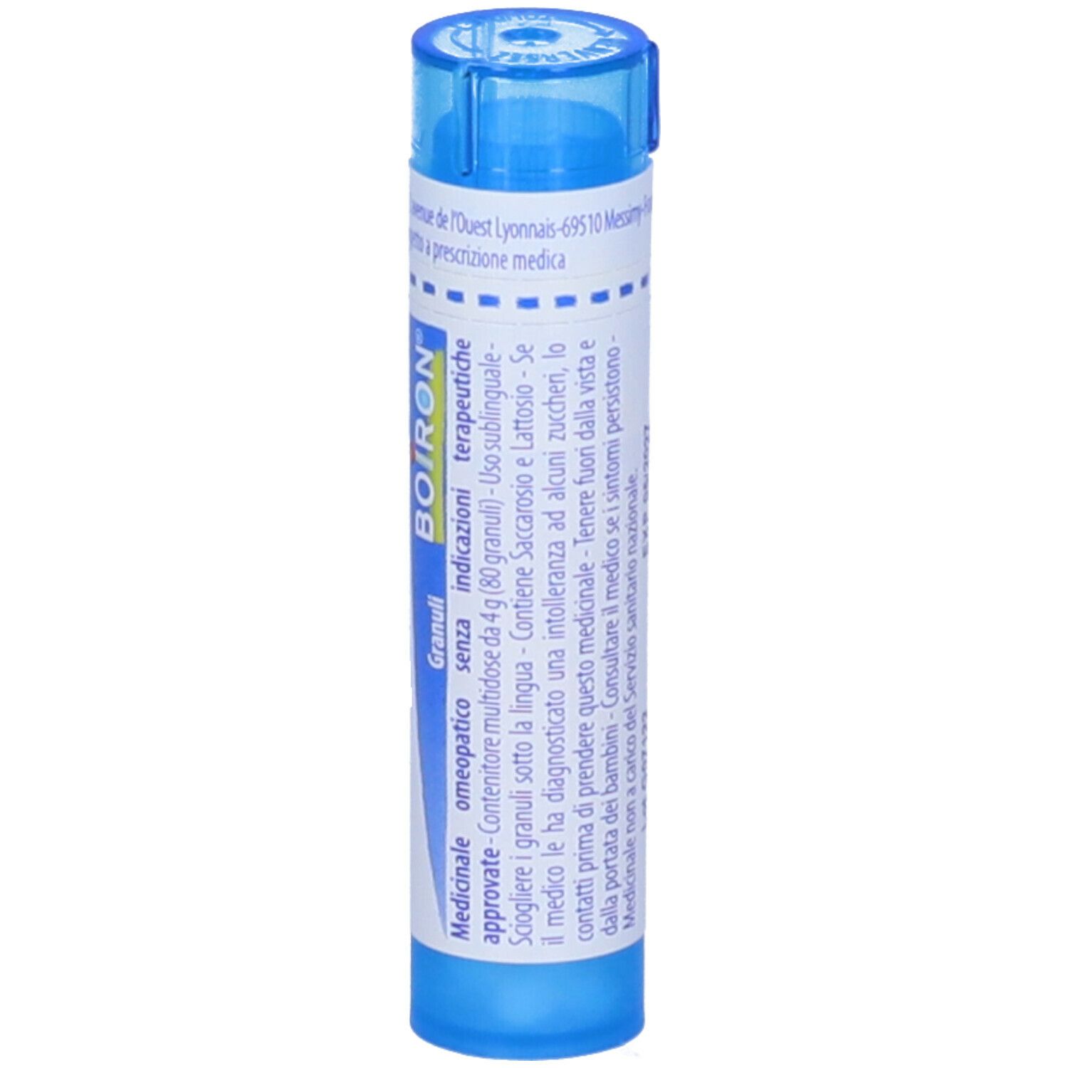 Confezione cilindrica blu. Scritta: BOIRON, Granuli, Medicinale, senza saccarosio e lattosio.