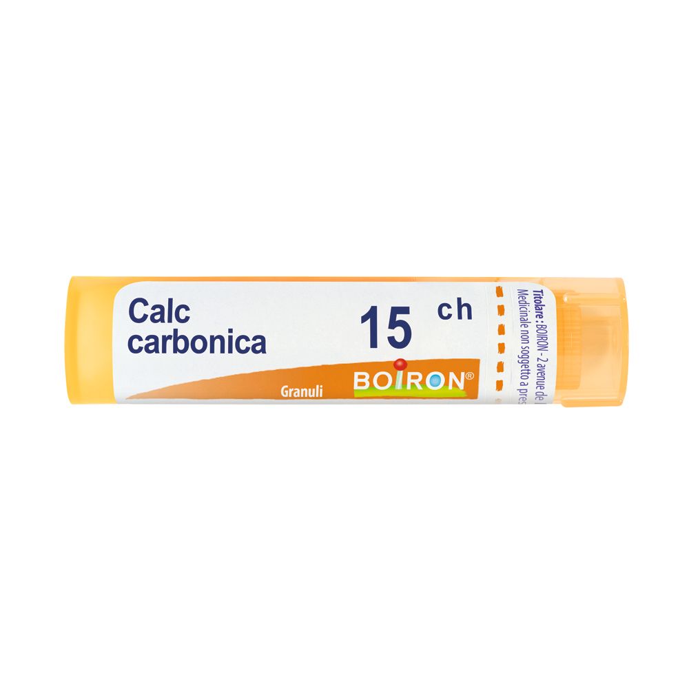 Tubo giallo con testo bianco. Contiene "Calc carbonica 15 ch Granuli" e il logo.