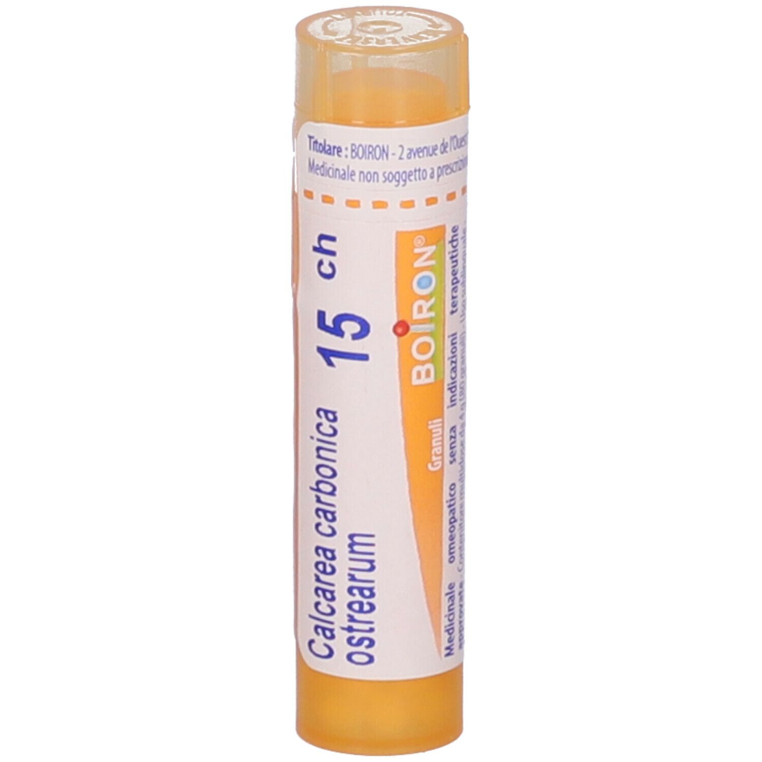 Tubo giallo con testo bianco. Contiene "Calcarea carbonica ostrearum 15 ch".