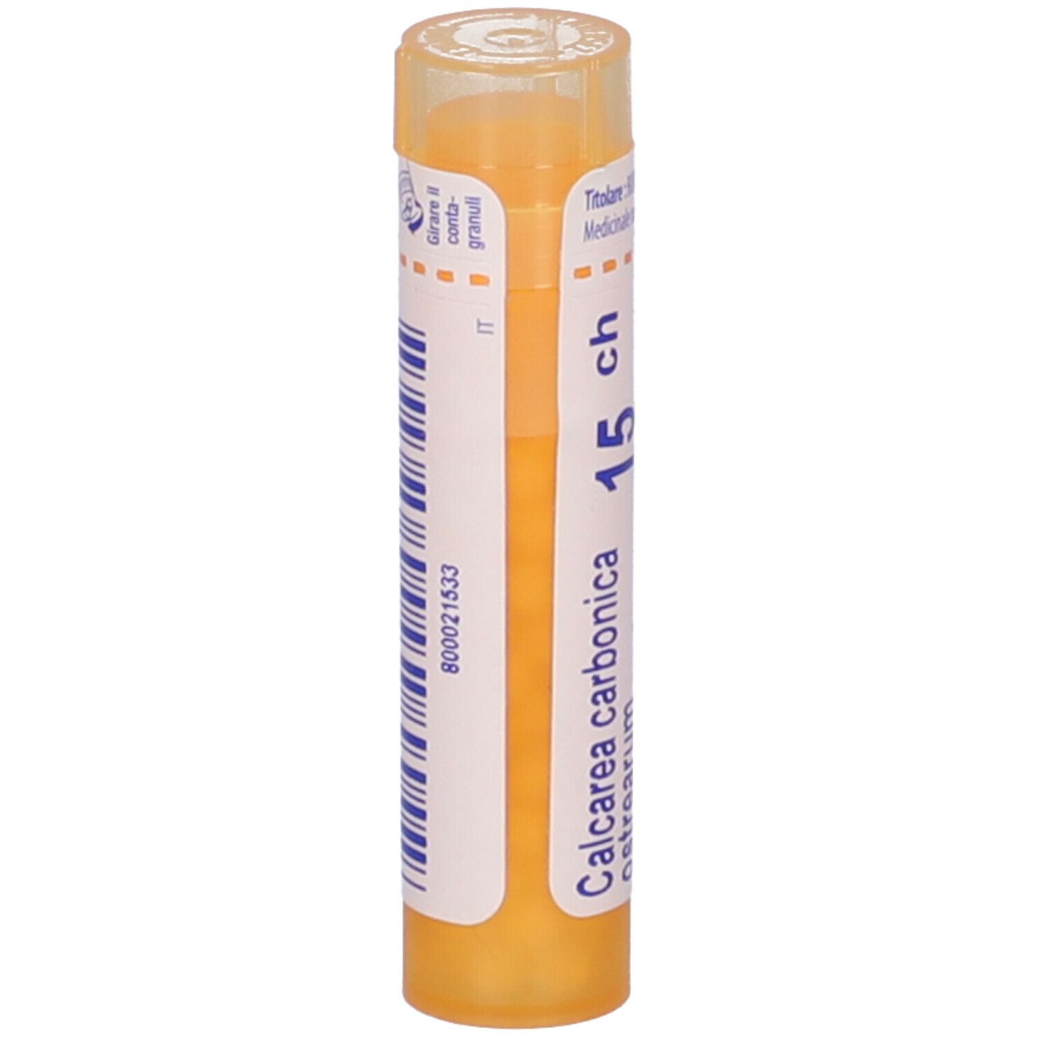 Tubo giallo con testo bianco e codice a barre. Contiene "Calcarea carbonica ostrearum 15 ch".