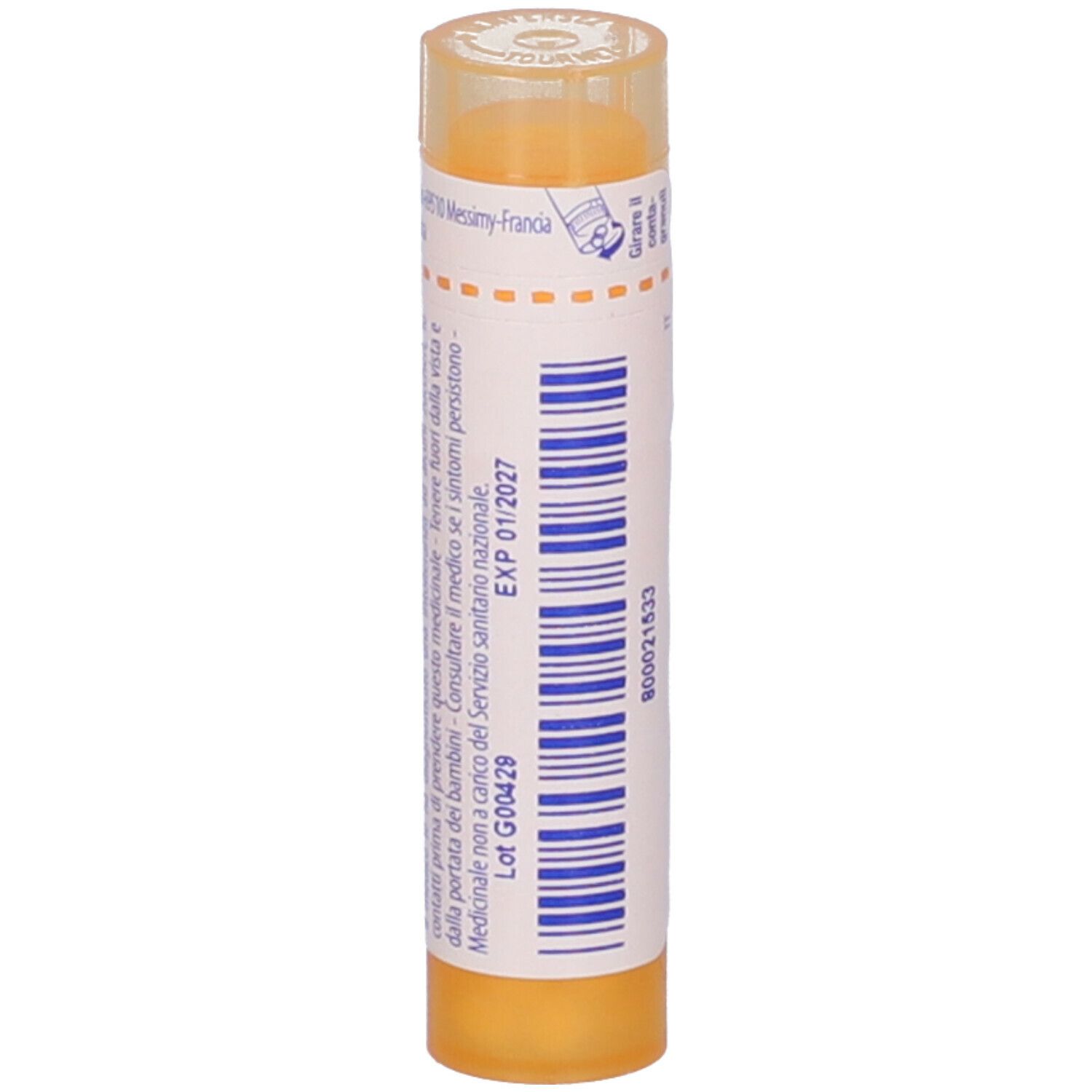 Tubo giallo con testo bianco. Contiene informazioni, codice a barre e "800021533".