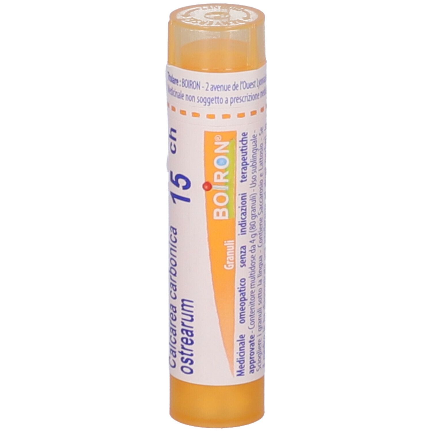 Tubo giallo con testo bianco. Contiene "Calcarea carbonica ostrearum 15 ch" e logo.
