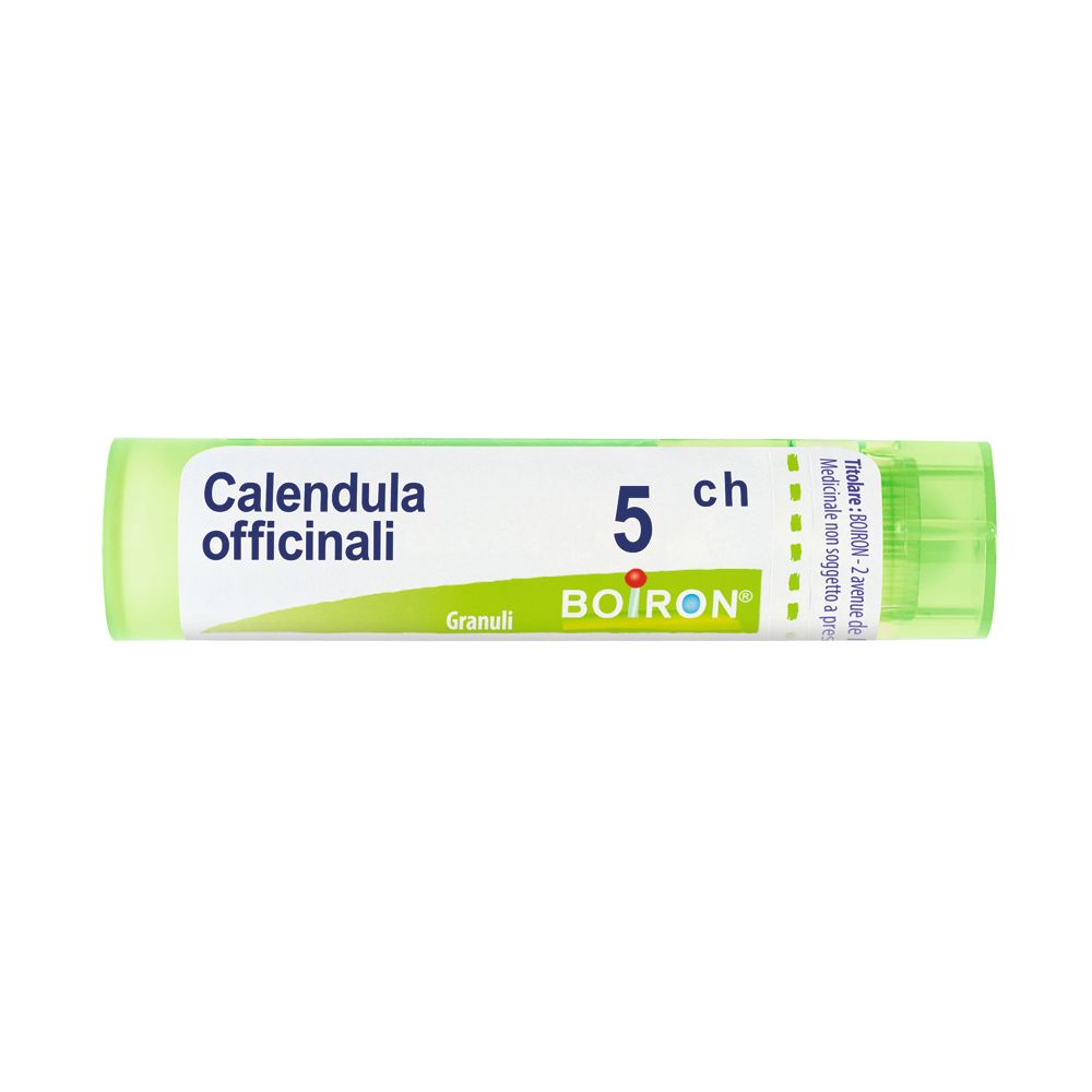 Tubo verde con etichetta bianca. Scritta: Calendula officinalis, 5 ch, Granuli, BOIRON. Confezione del prodotto.