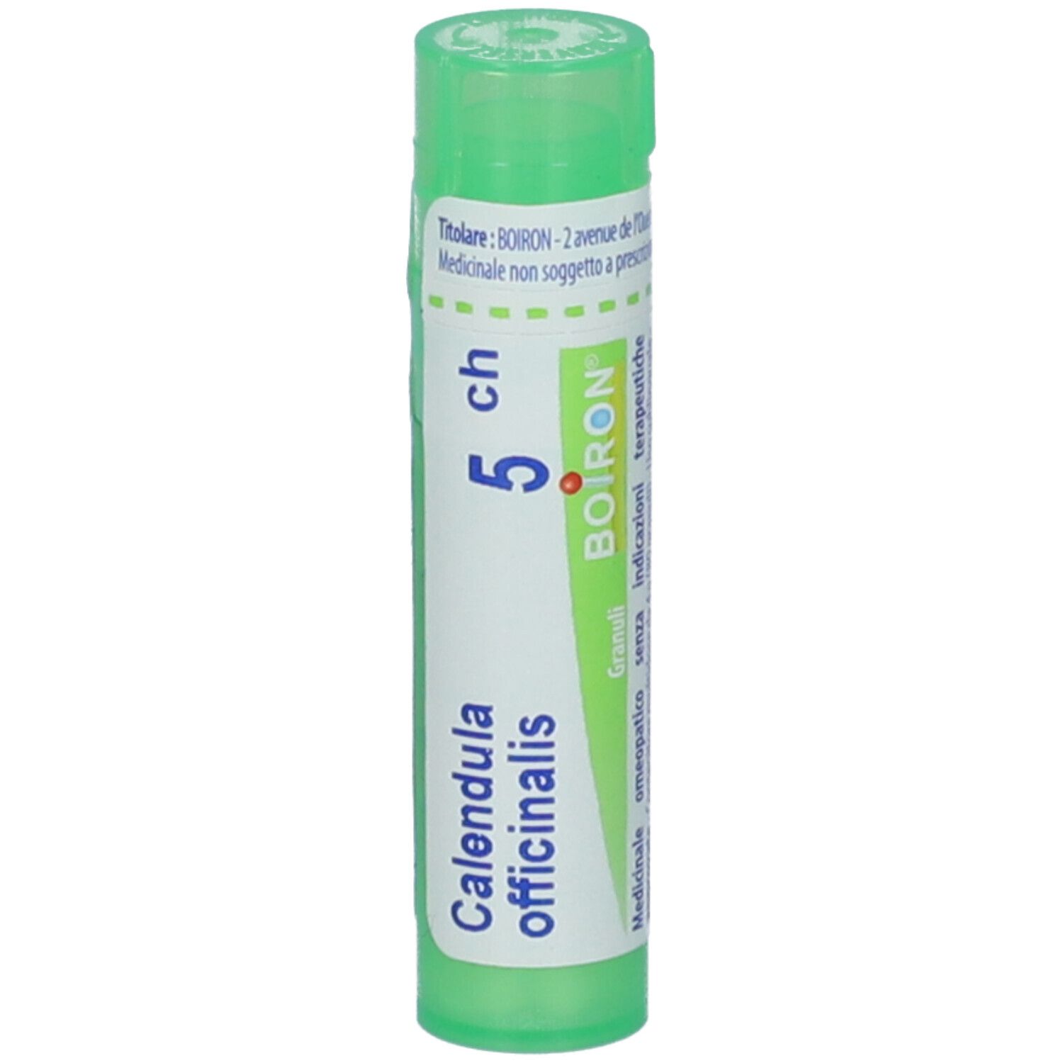 Tubo verde con etichetta bianca. Scritta: Calendula officinalis, 5 ch, BOIRON. Confezione del prodotto.