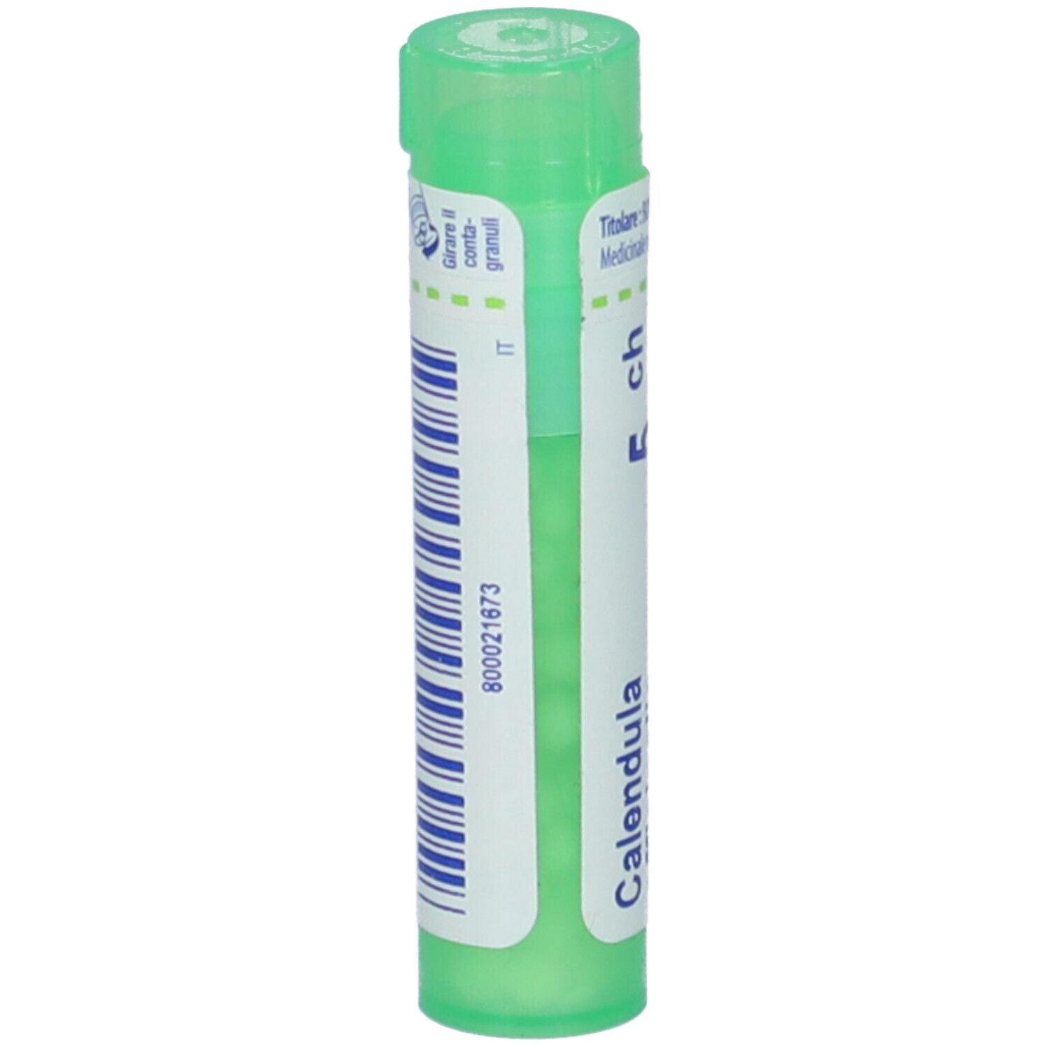Tubo verde con etichetta bianca. Scritta: Calendula, 5 ch. Codice a barre e altre informazioni. Confezione.