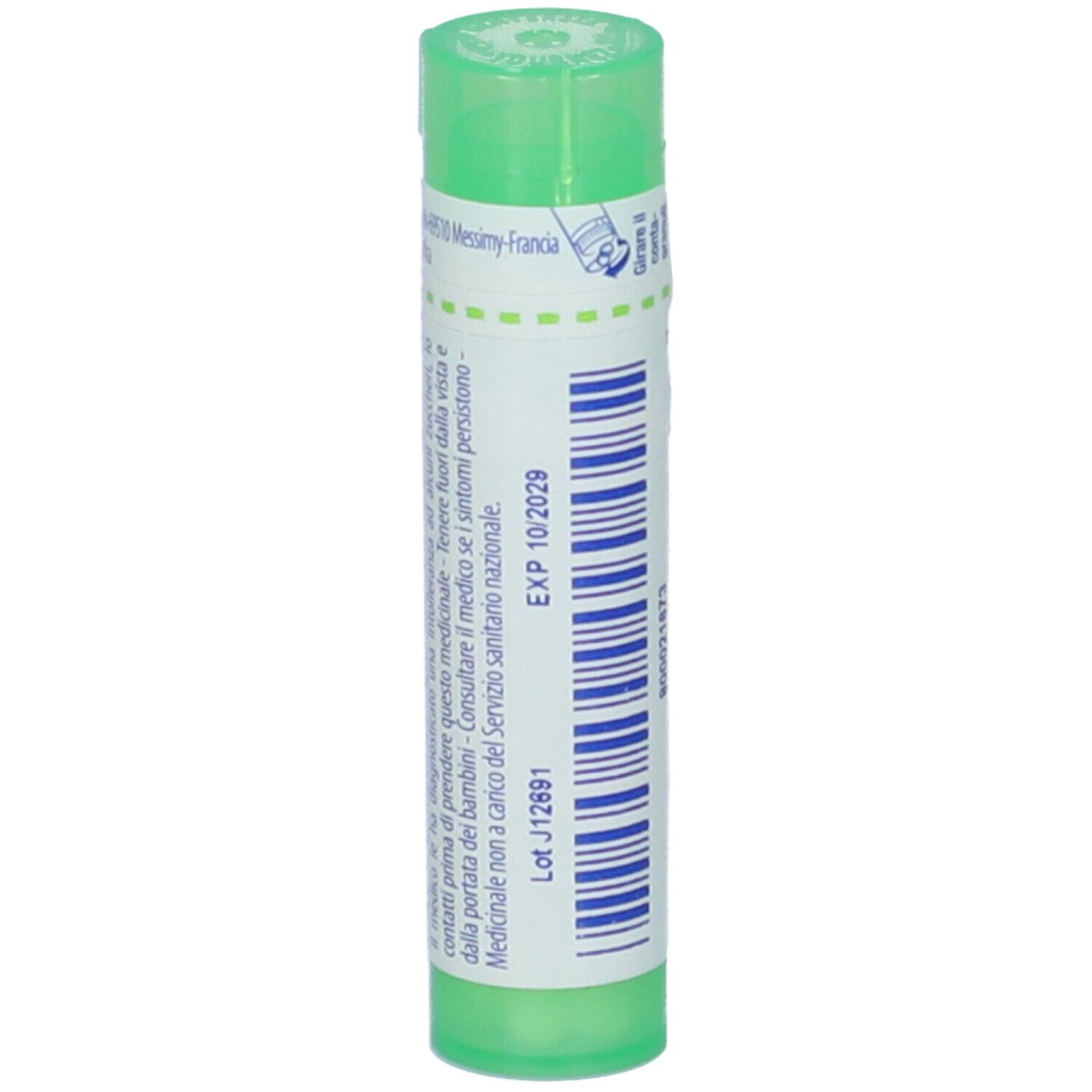 Tubo verde con etichetta bianca. Scritta: EXP 10/2029, Lot J12691. Altre informazioni. Confezione del prodotto.