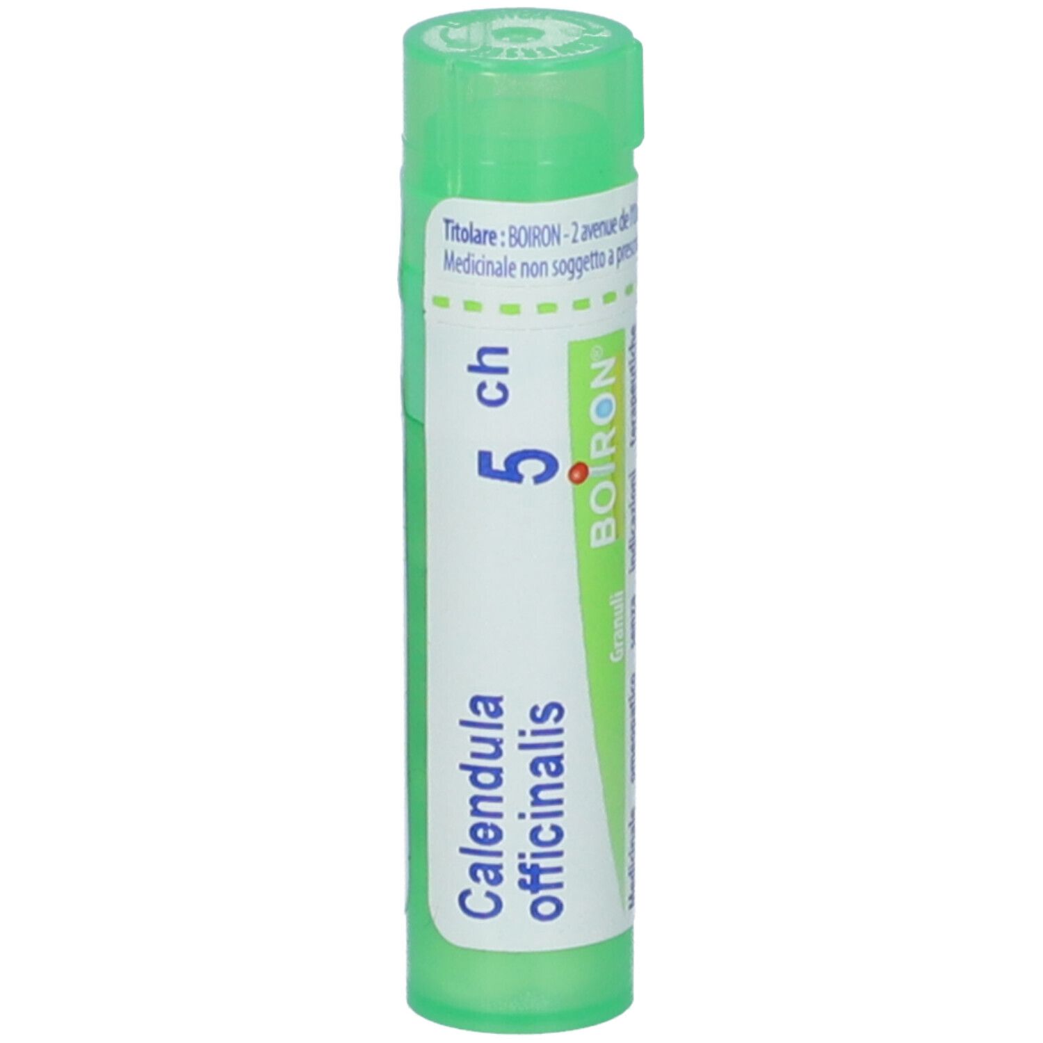 Tubo verde con etichetta bianca. Scritta: Calendula officinalis, 5 ch, BOIRON. Confezione del prodotto.