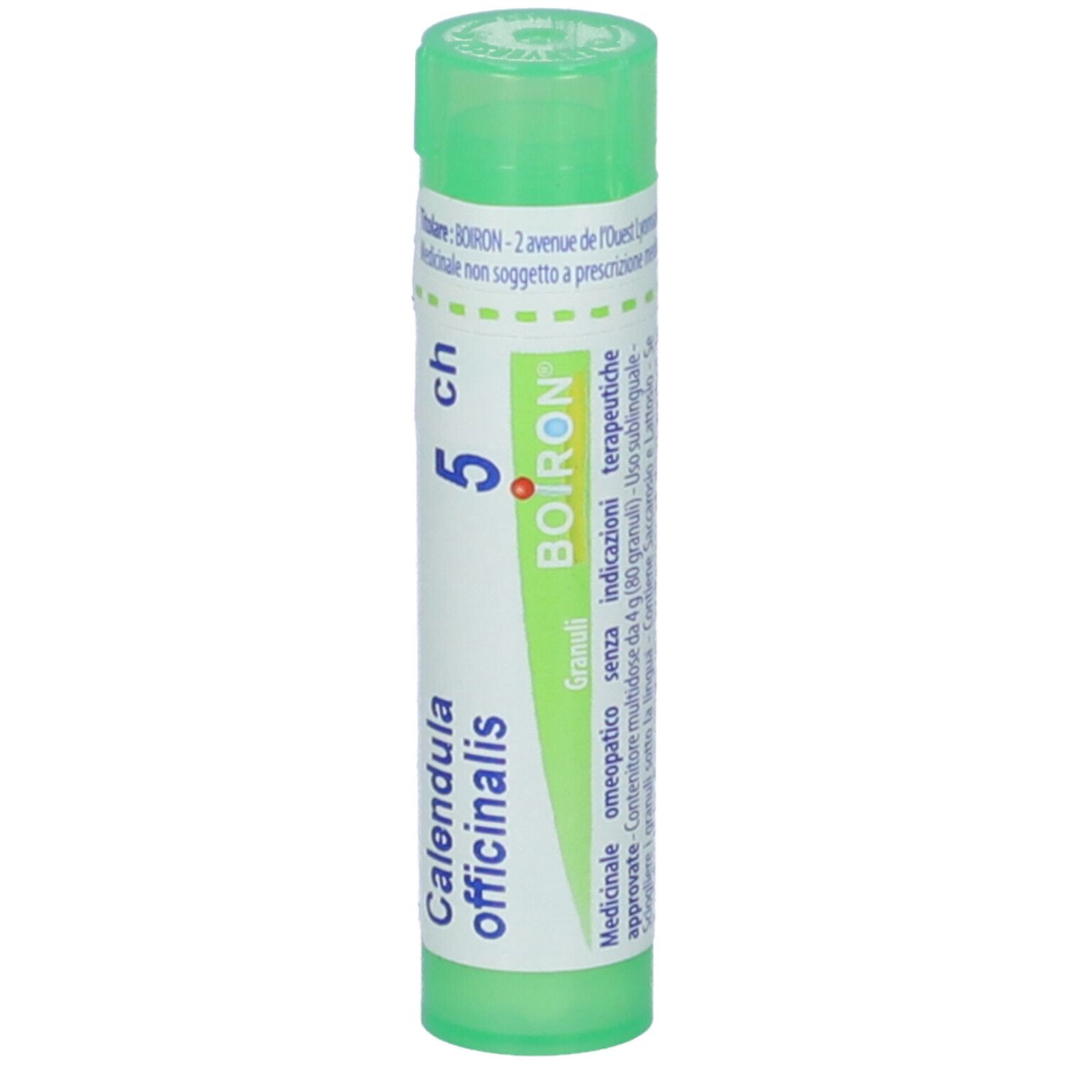 Tubo verde con etichetta bianca. Scritta: Calendula officinalis, 5 ch, BOIRON. Confezione del prodotto.