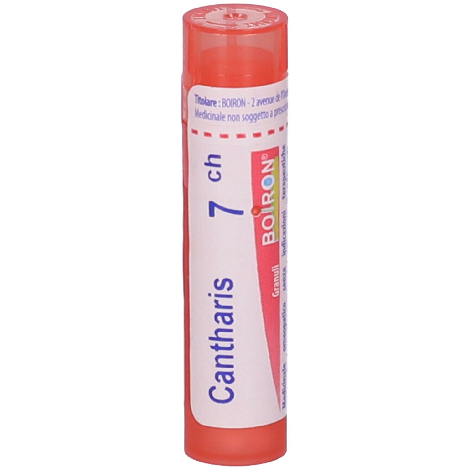 Tubo cilindrico, tappo rosa. Scritta: Cantharis 7 ch, BOIRON. Etichetta bianca con testo.