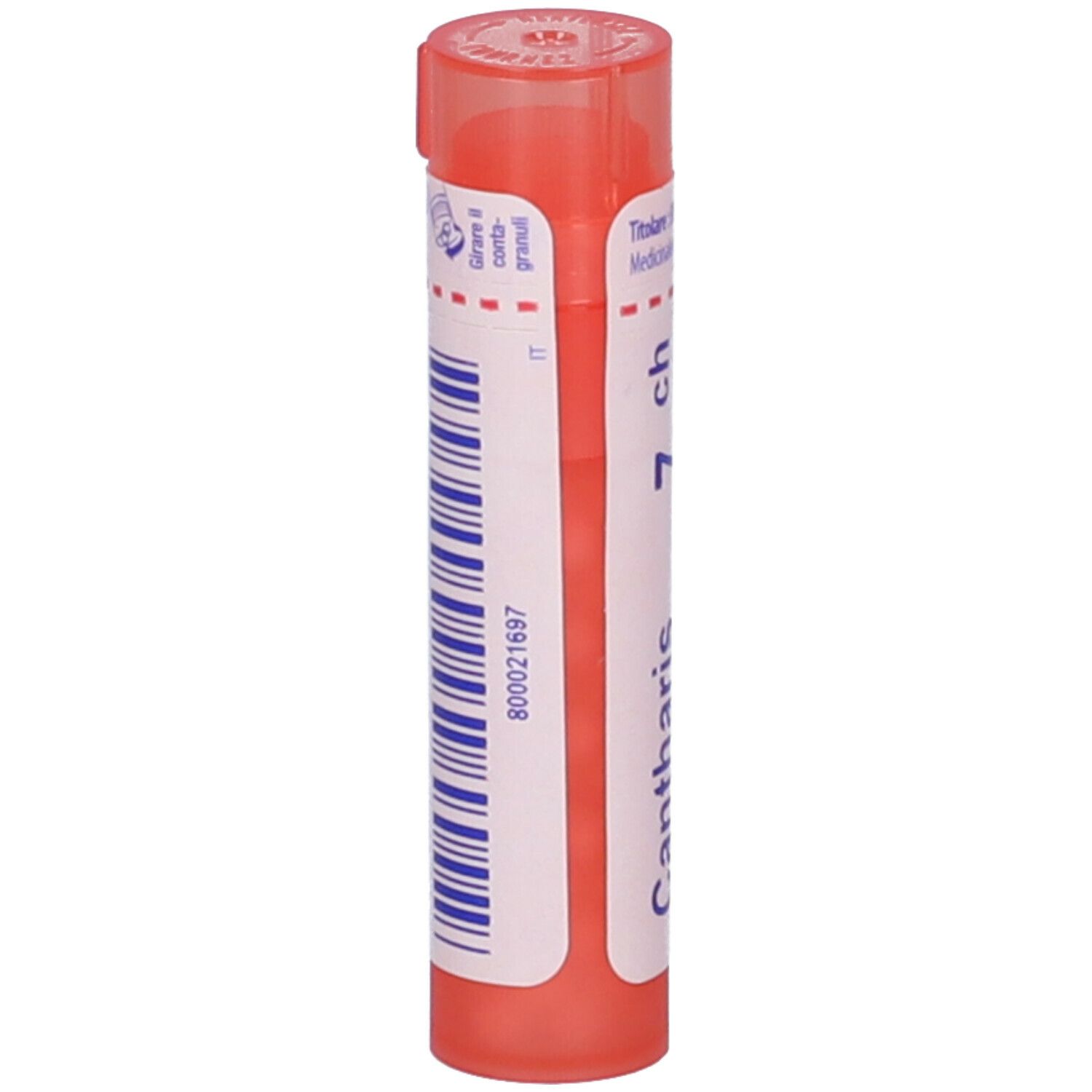 Tubo cilindrico, tappo rosa. Etichetta bianca con codice a barre e testo. Scritta: IT, 800021697.