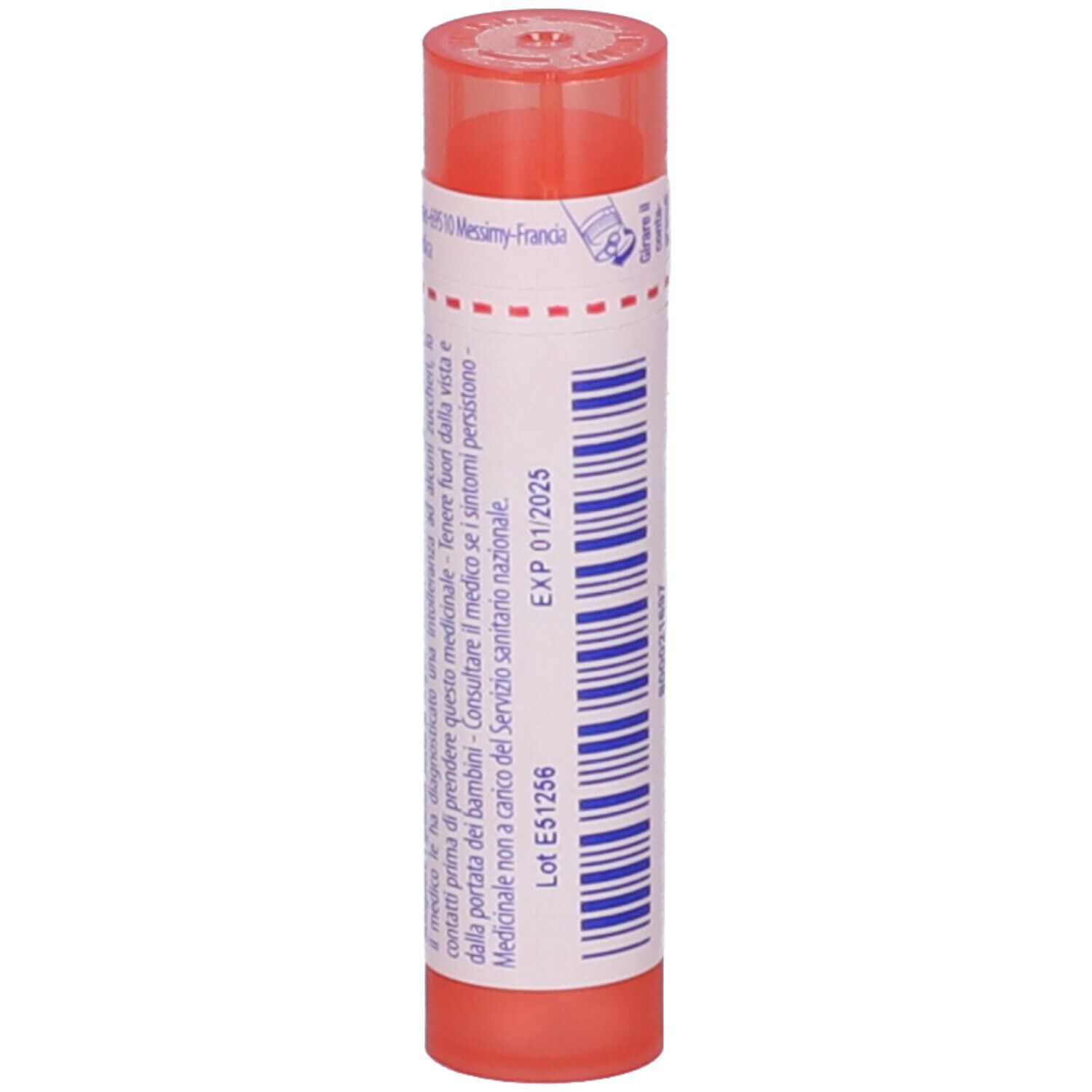 Tubo cilindrico, tappo rosa. Etichetta bianca con testo. Scritta: EXP 01/2025, Lot E51256.