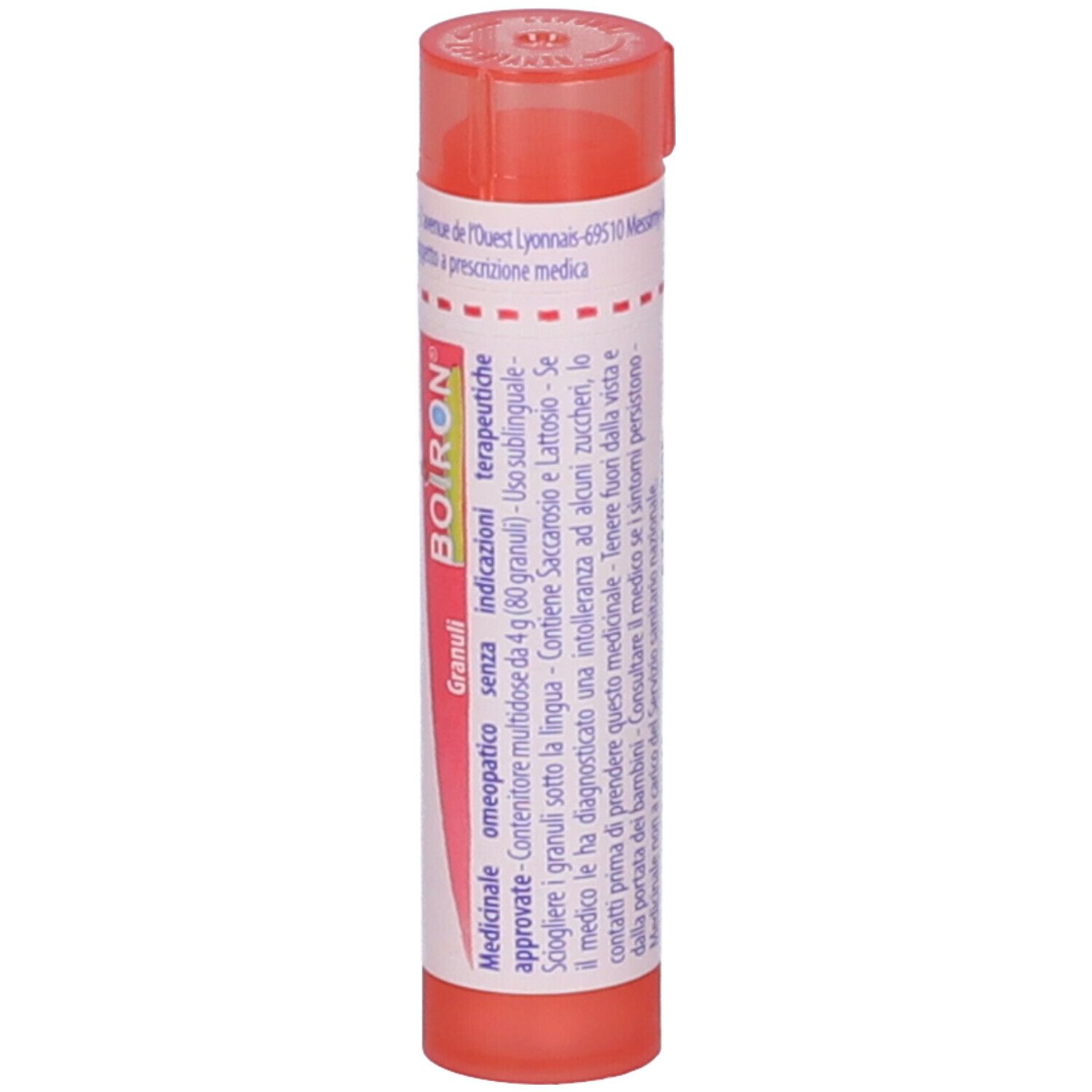 Tubo cilindrico, tappo rosa. Etichetta bianca con testo. Scritta: BOIRON, Granuli, Medicinale.