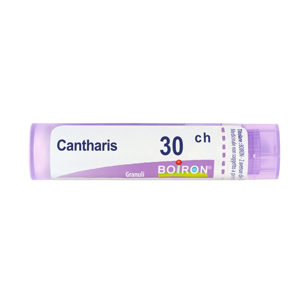 Confezione cilindrica con etichetta bianca. Scritta: Cantharis 30 ch, BOIRON, Granuli.