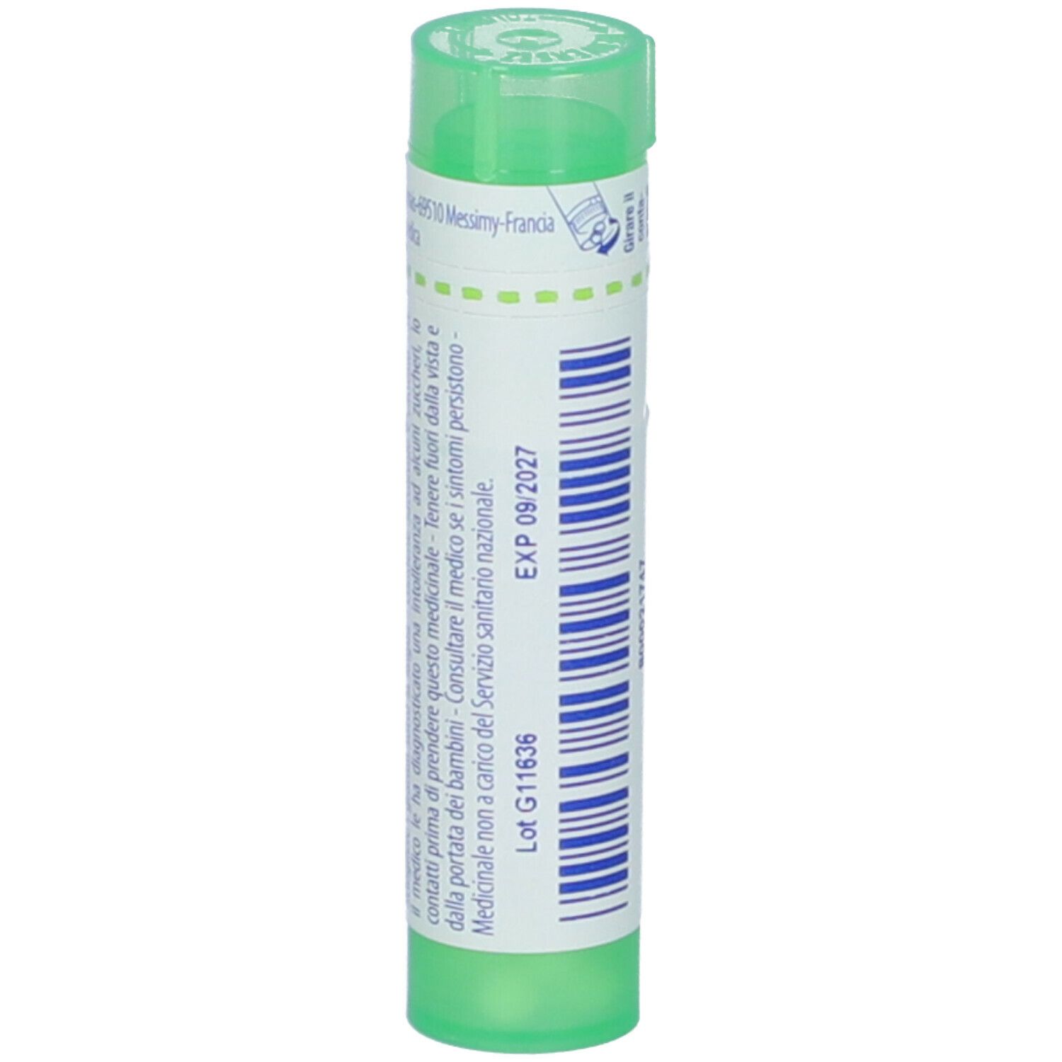 Tubo verde con etichetta bianca. Scritta: EXP 09/2027. Sul lato: Lot G11636.