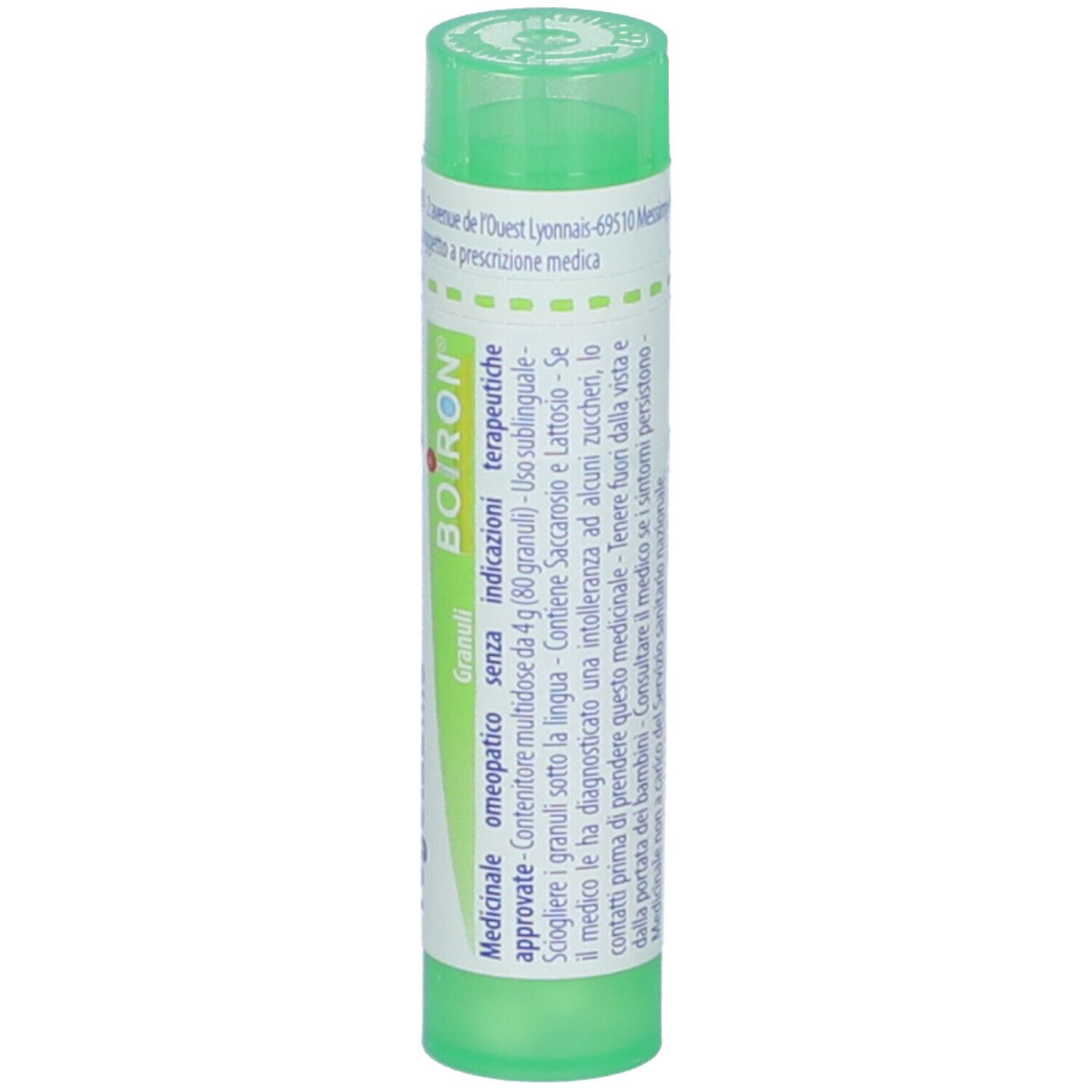 Tubo verde con etichetta bianca. Scritta: BOIRON, Granuli, 5 ch. Tappo verde.