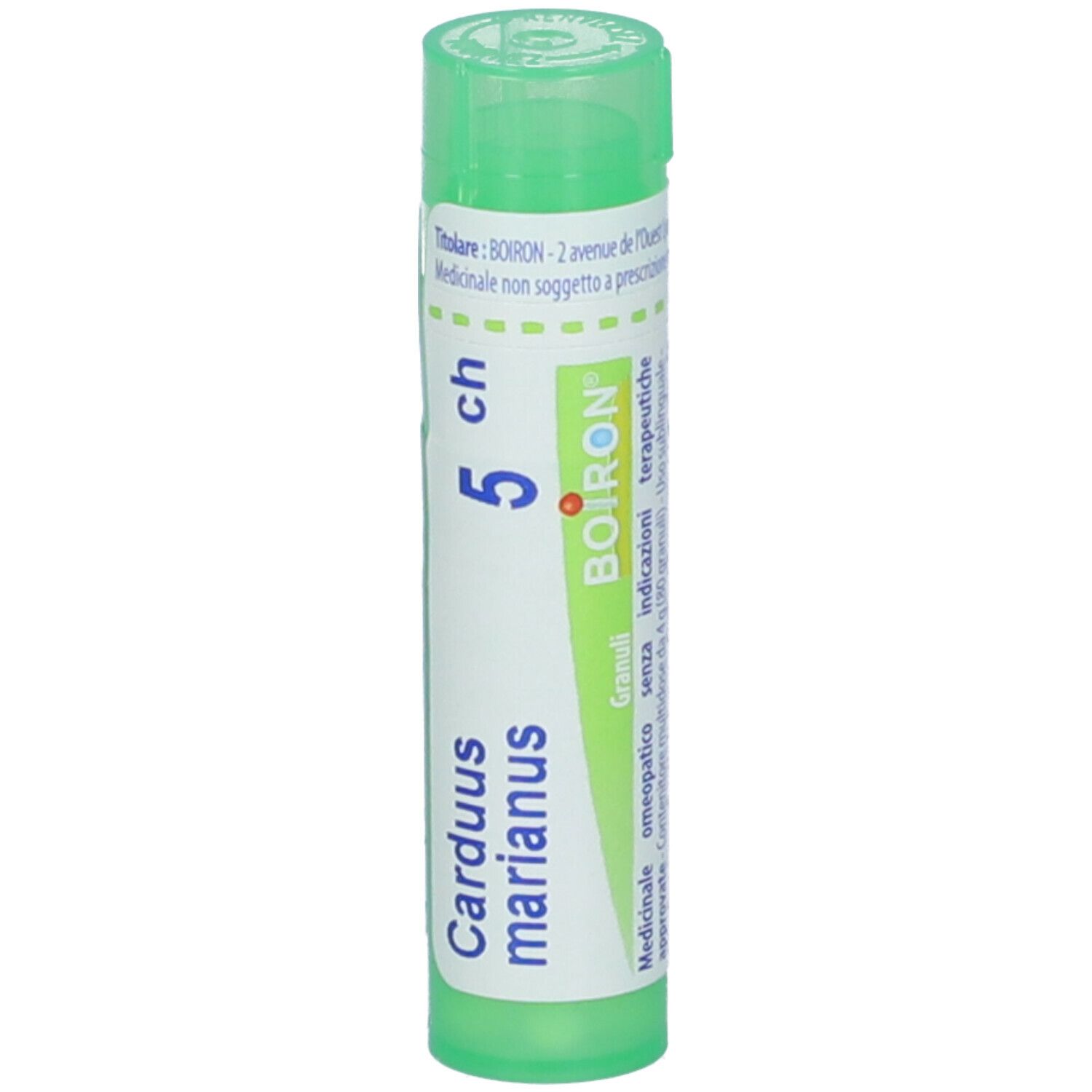 Tubo verde. Scritte: Carduus marianus, 5 ch, Boiron. Etichetta con informazioni prodotto.