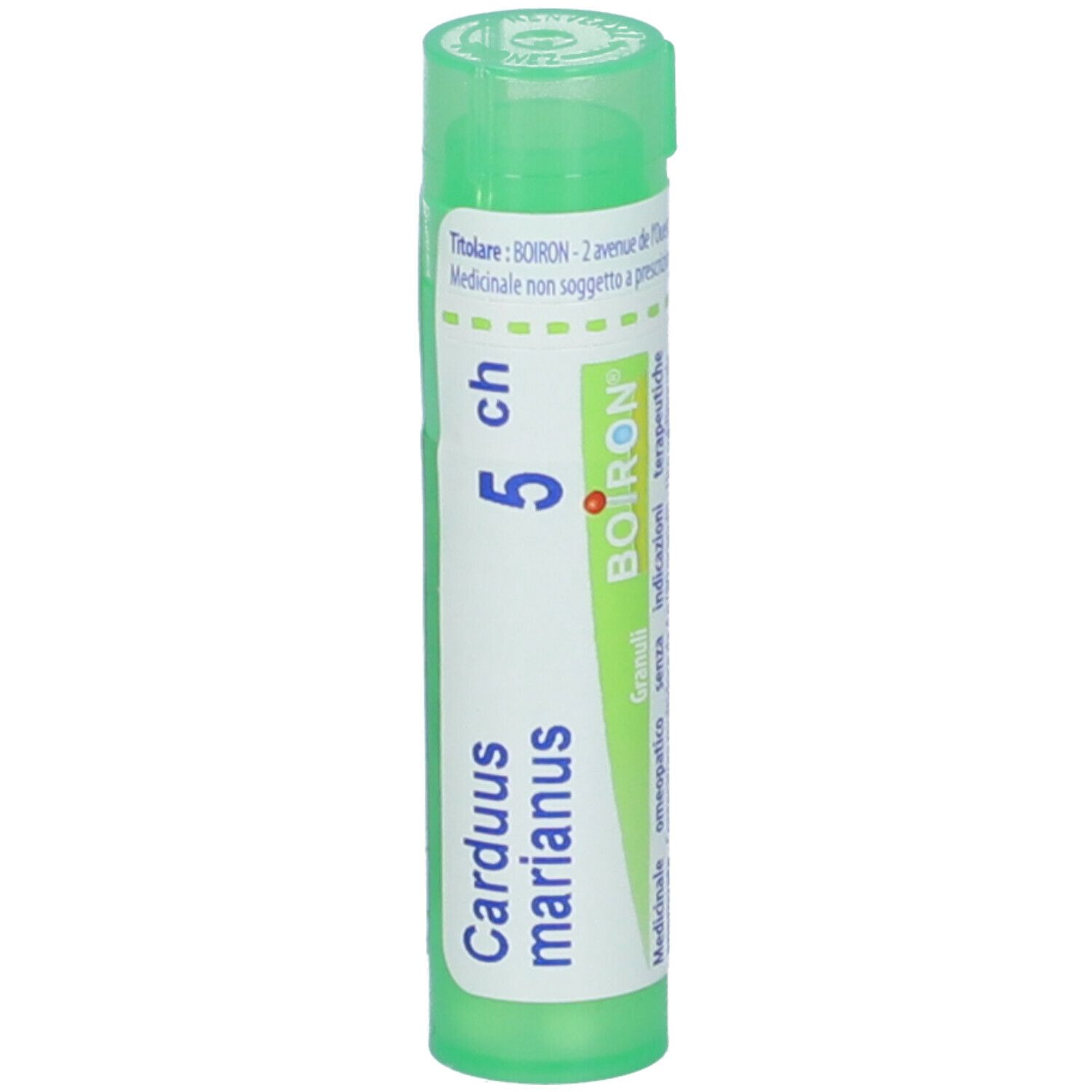 Tubo verde. Scritte: Carduus marianus, 5 ch, Boiron. Punto rosso sull'etichetta.