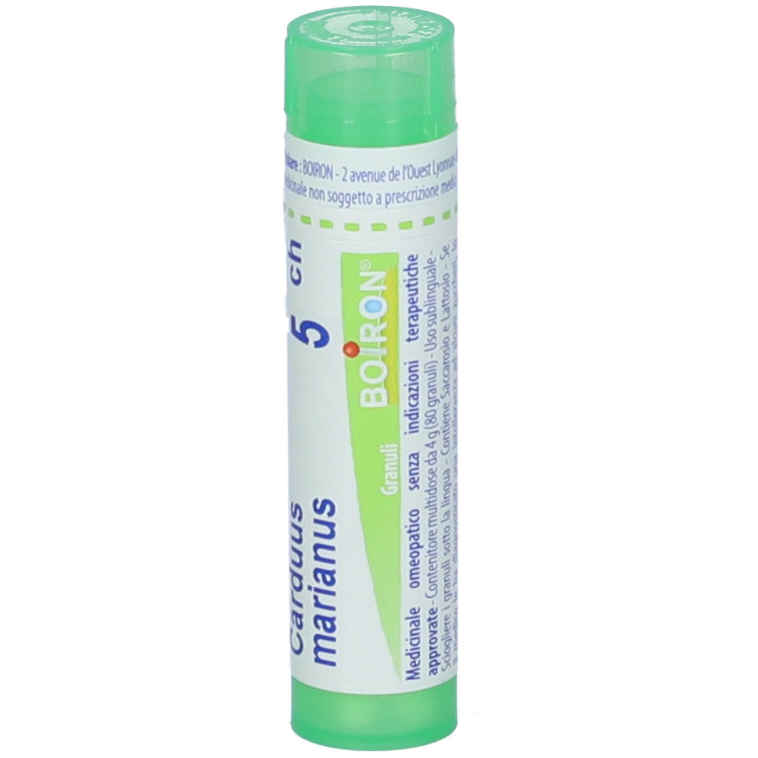 Tubo verde. Scritte: Carduus marianus, 5 ch, Boiron. Informazioni sul prodotto sull'etichetta.