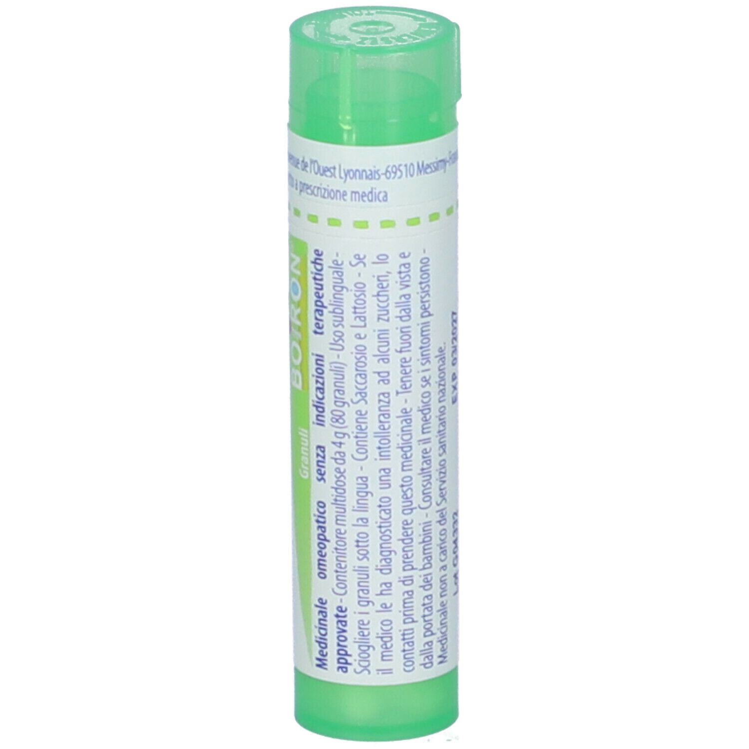Tubo verde. Scritte: Carduus marianus, 5 ch, Boiron. Informazioni sul prodotto sull'etichetta.