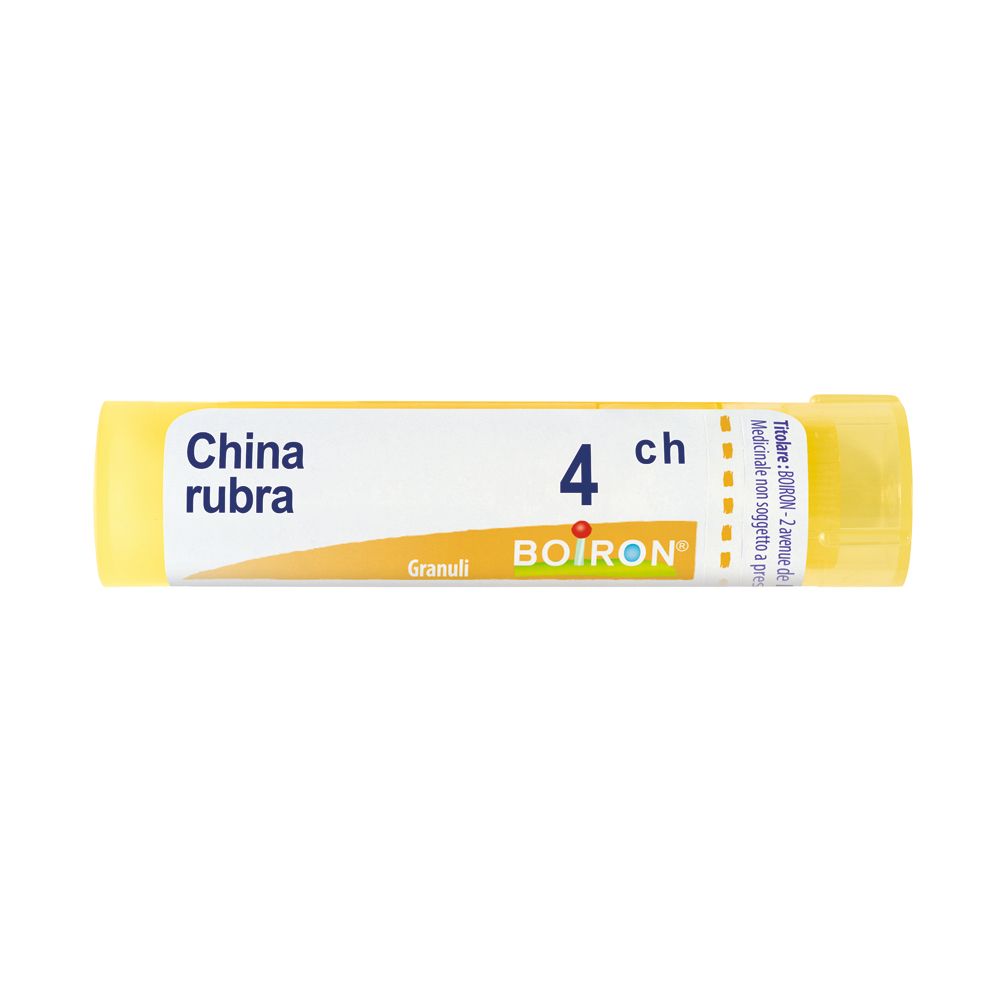 Tubo giallo con etichetta bianca. Scritta: China rubra 4 ch Granuli, marchio Boiron.