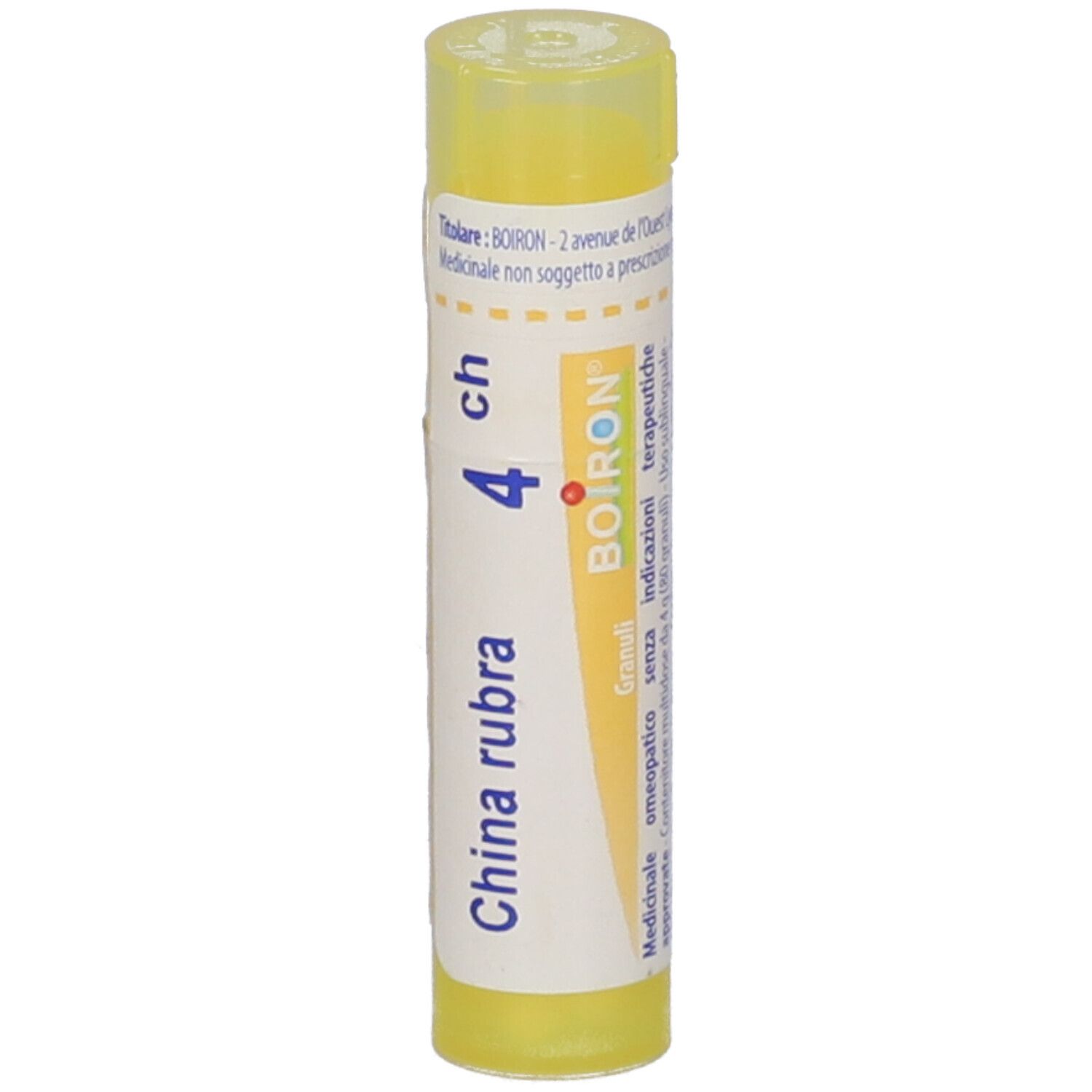 Tubo giallo con etichetta bianca. Scritta: China rubra 4 ch, marchio Boiron.