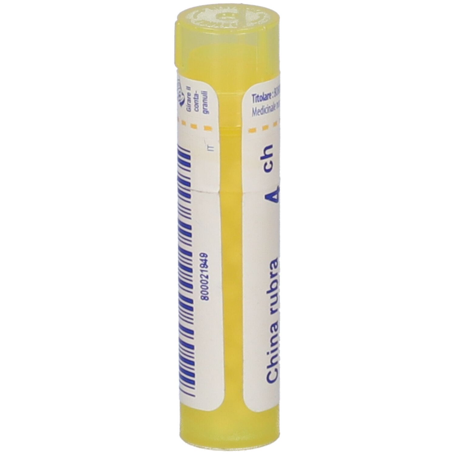 Tubo giallo con etichetta bianca. Scritta: China rubra 4 ch, marchio Boiron.