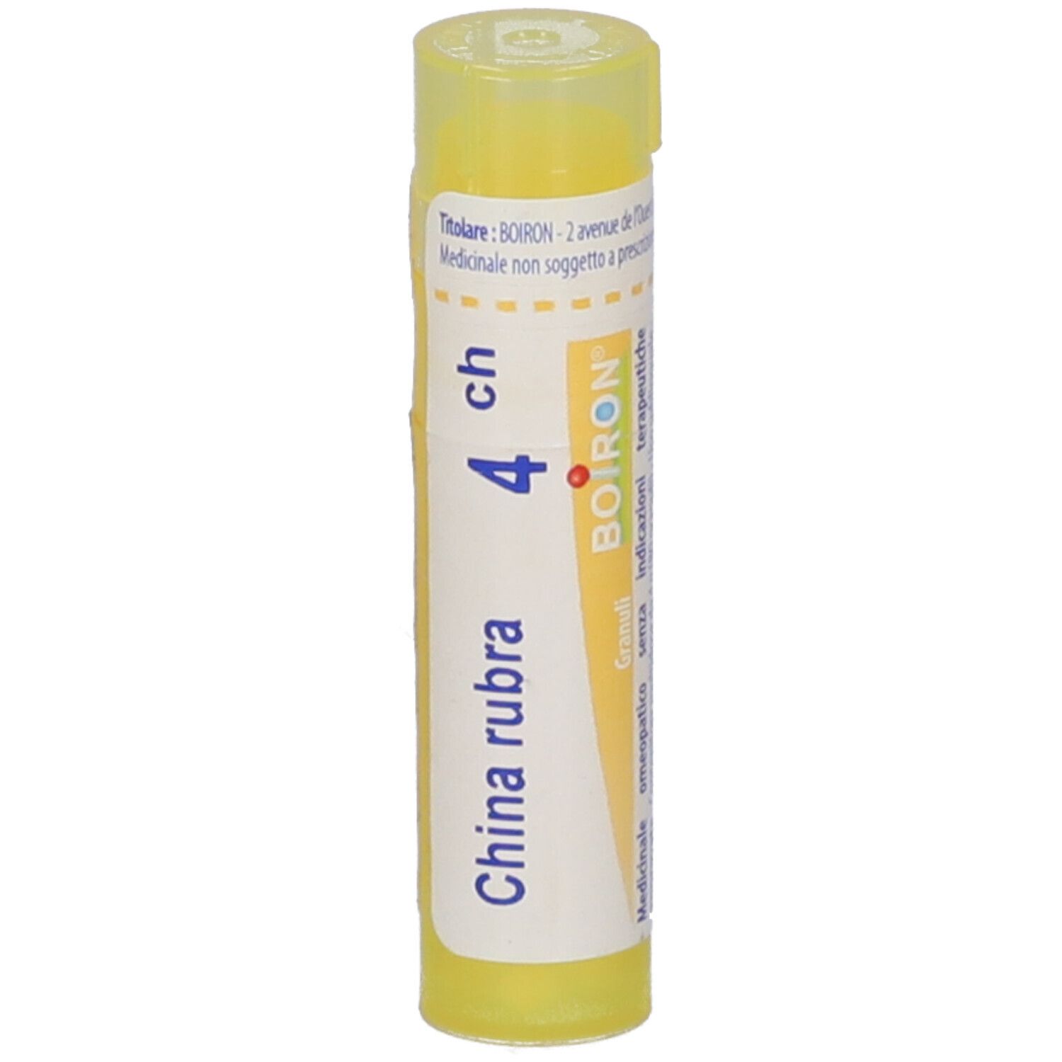 Tubo giallo con etichetta bianca. Scritta: China rubra 4 ch, marchio Boiron.