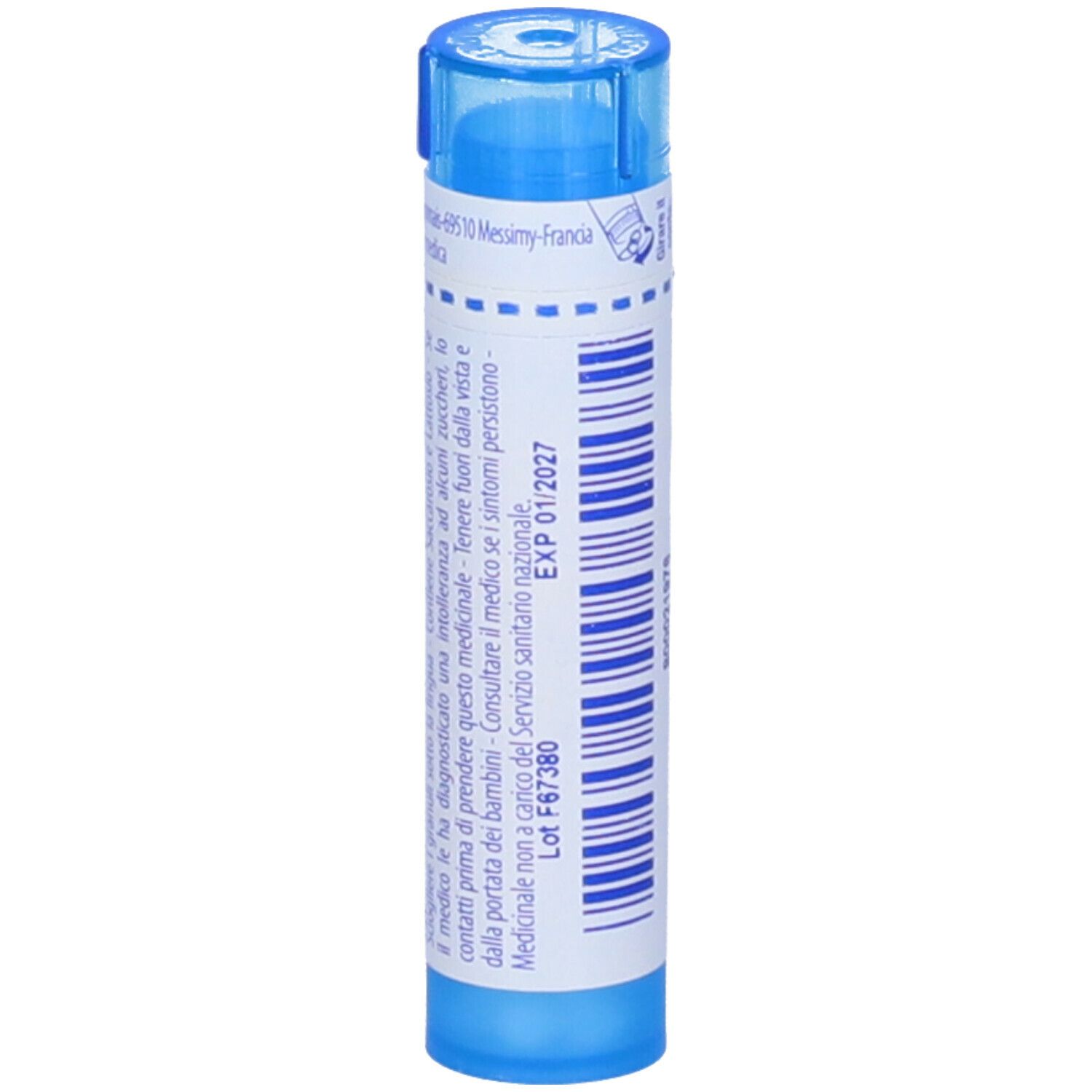 Tubo blu con testo e codice a barre, scritta "China rubra".