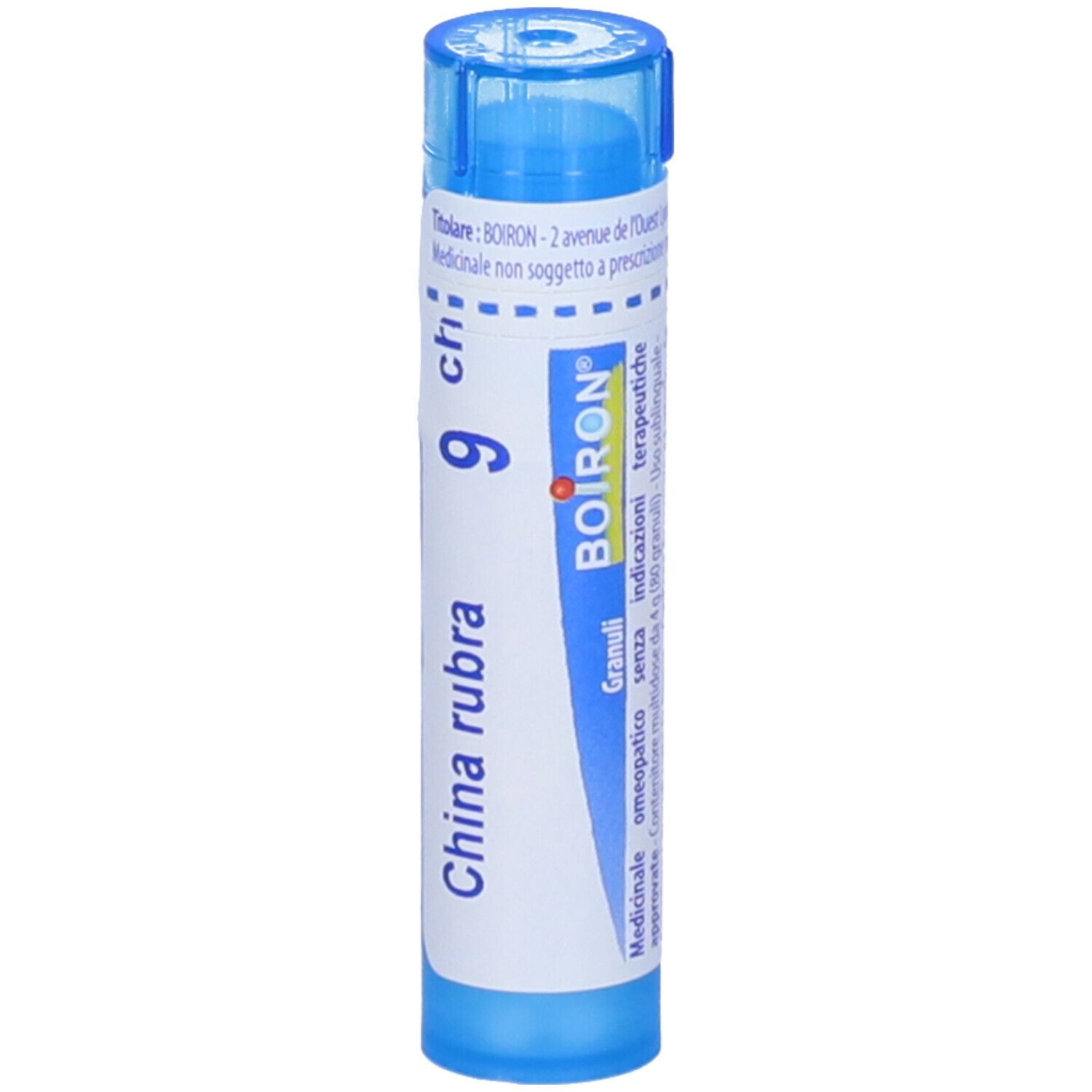 Tubo blu con "China rubra 9 ch" e logo BOIRON.