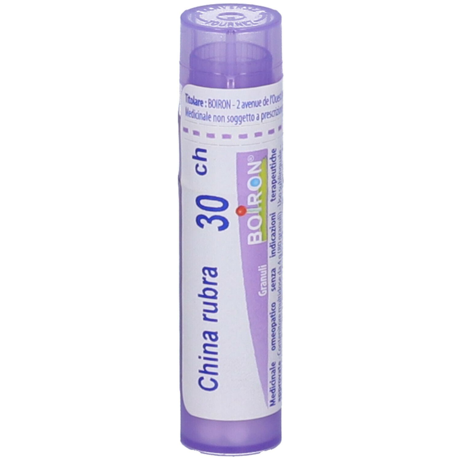 Confezione cilindrica di granuli. Scritta: China rubra 30 ch, BOIRON. Colori: viola e bianco.